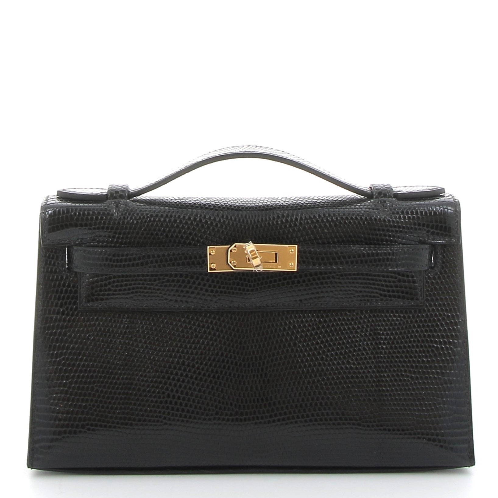 HERMES Kelly Pochette Noir Lizard Gold Hardware (GHW)