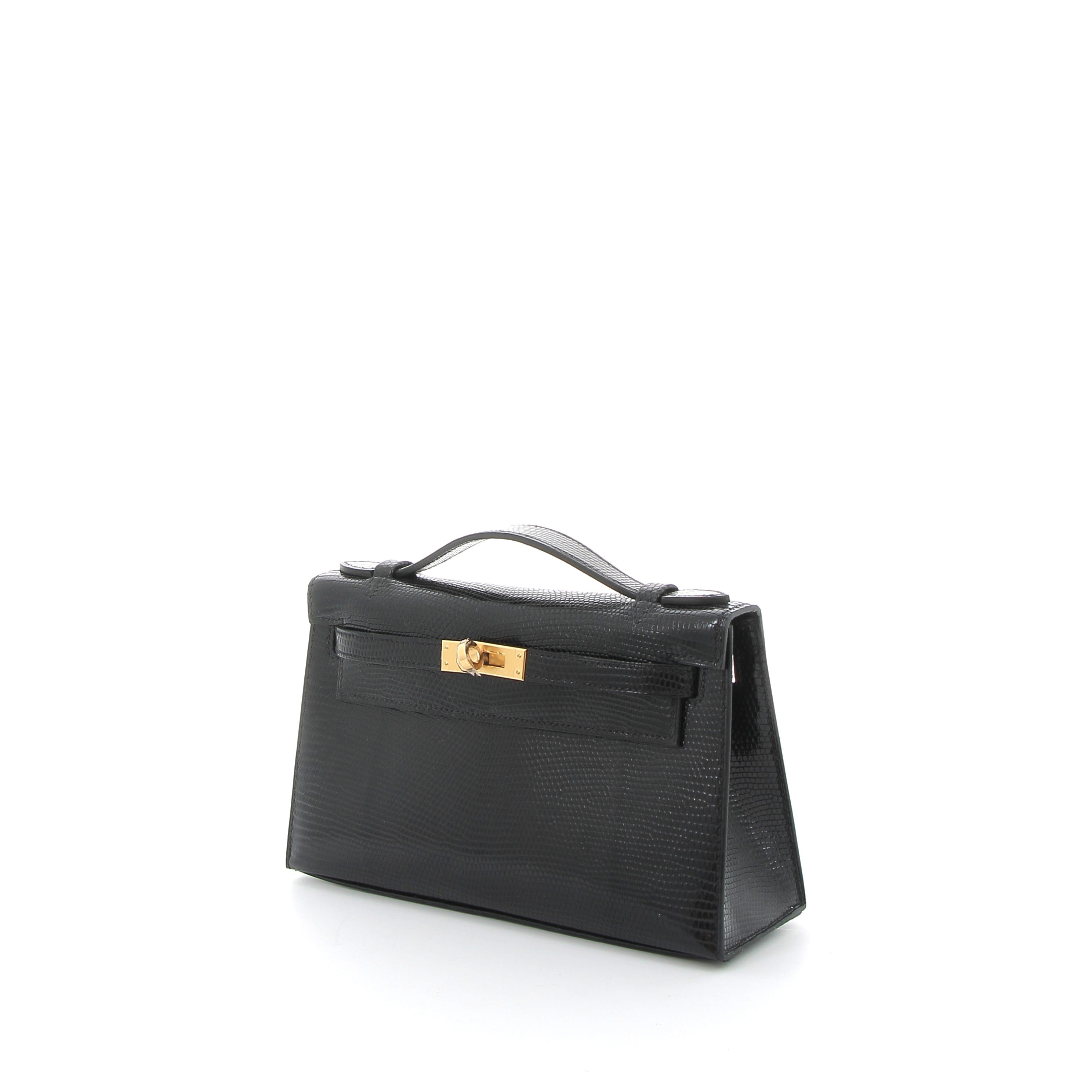 HERMES Kelly Pochette Noir Lizard Gold Hardware (GHW)