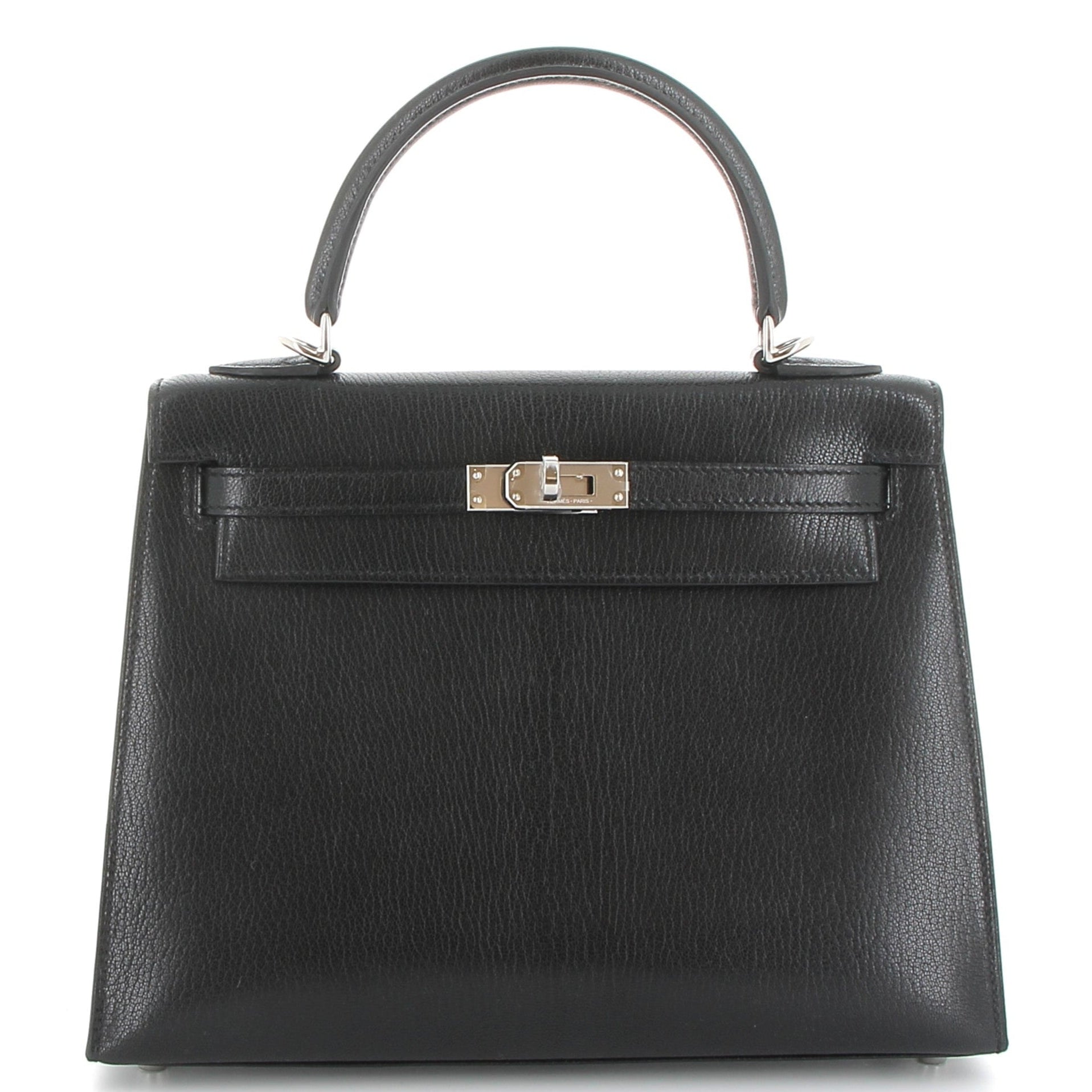 HERMES Kelly 25 Noir Chèvre Leather Palladium Hardware