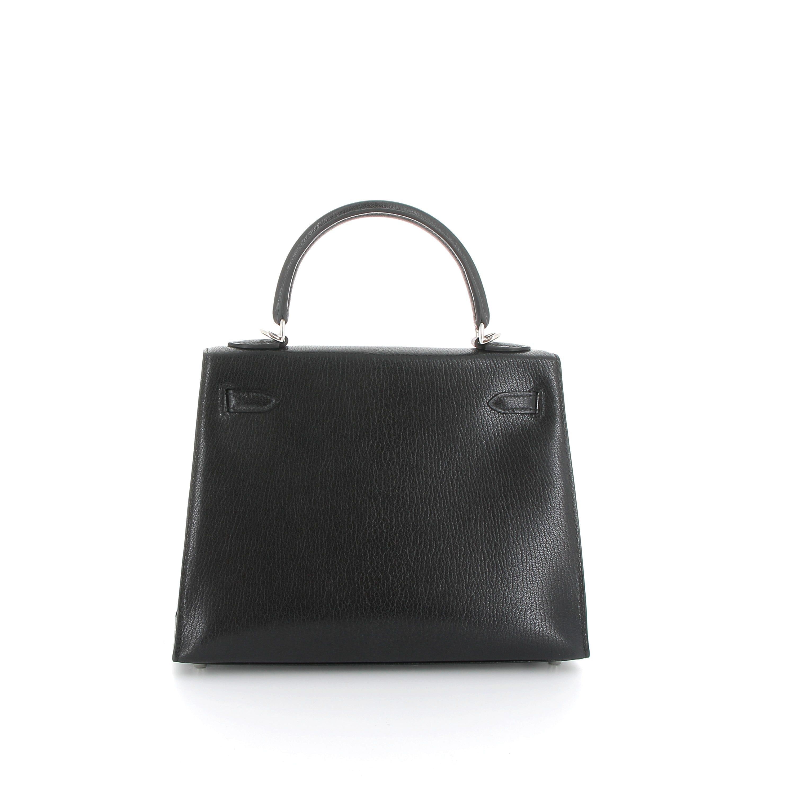 HERMES Kelly 25 Noir Chèvre Leather Palladium Hardware