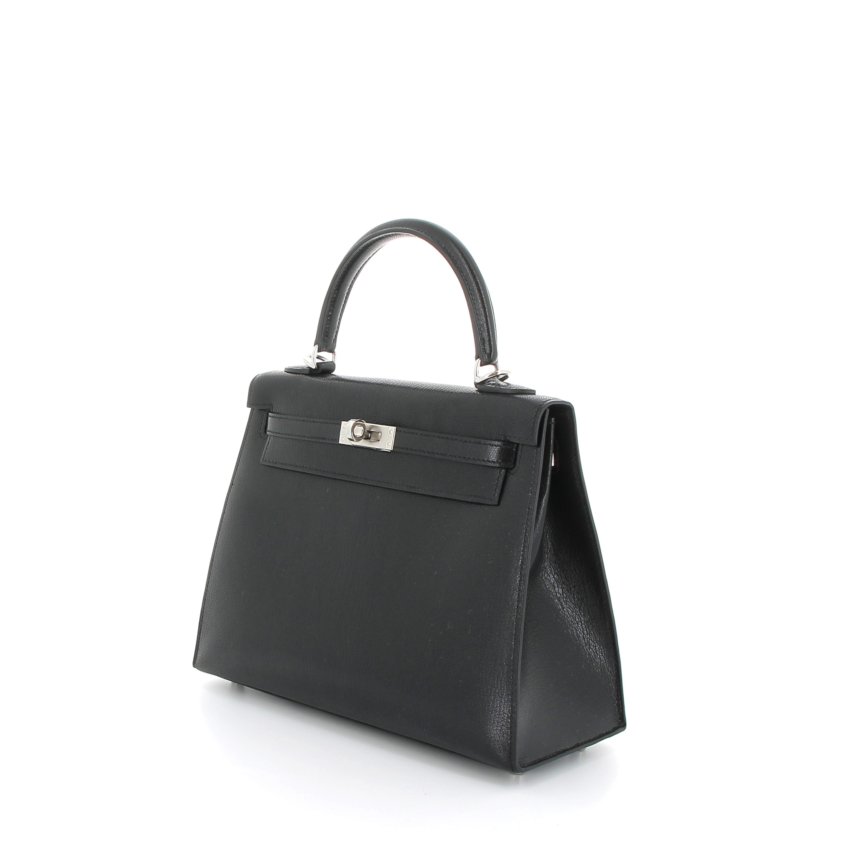 HERMES Kelly 25 Noir Chèvre Leather Palladium Hardware