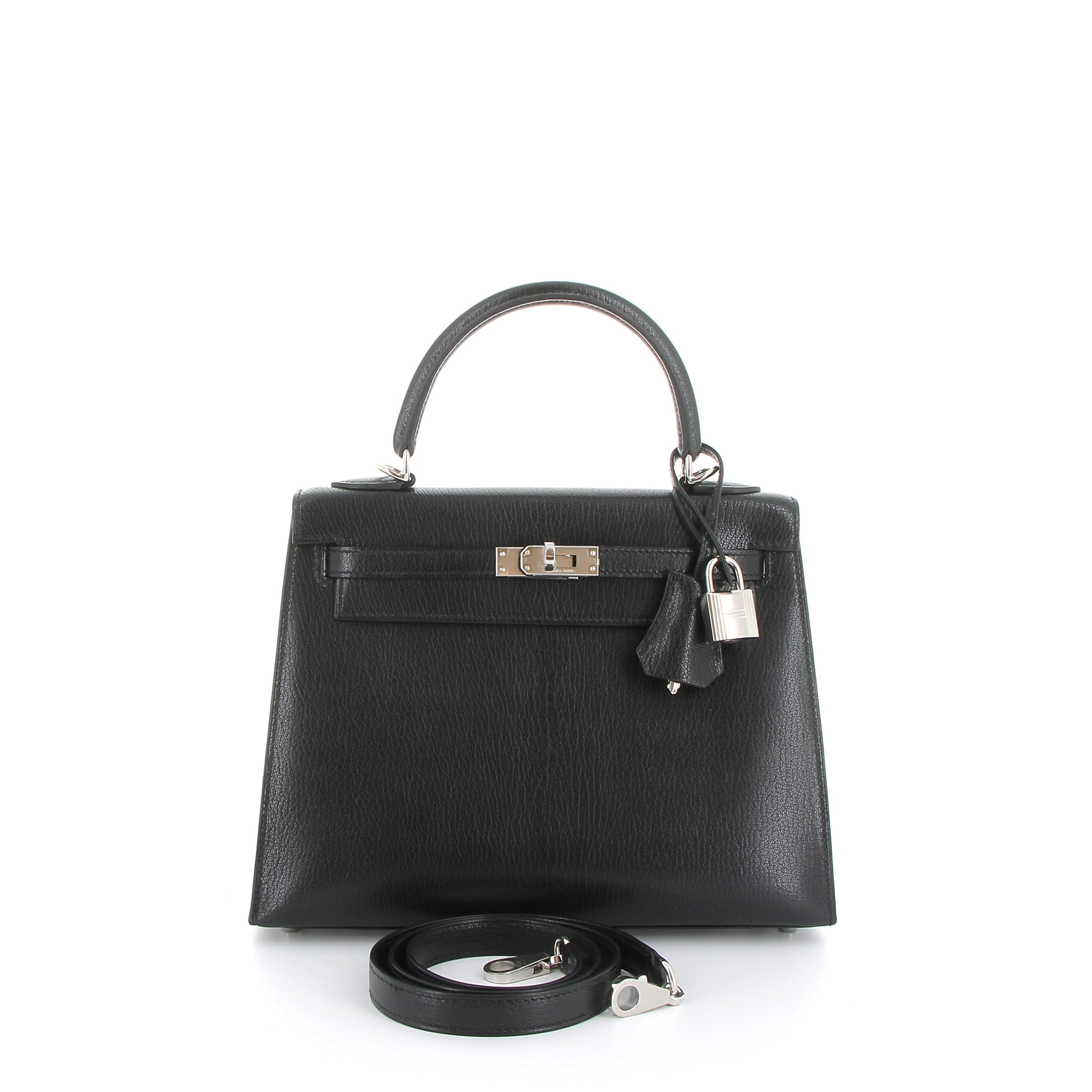 HERMES Kelly 25 Noir Chèvre Leather Palladium Hardware