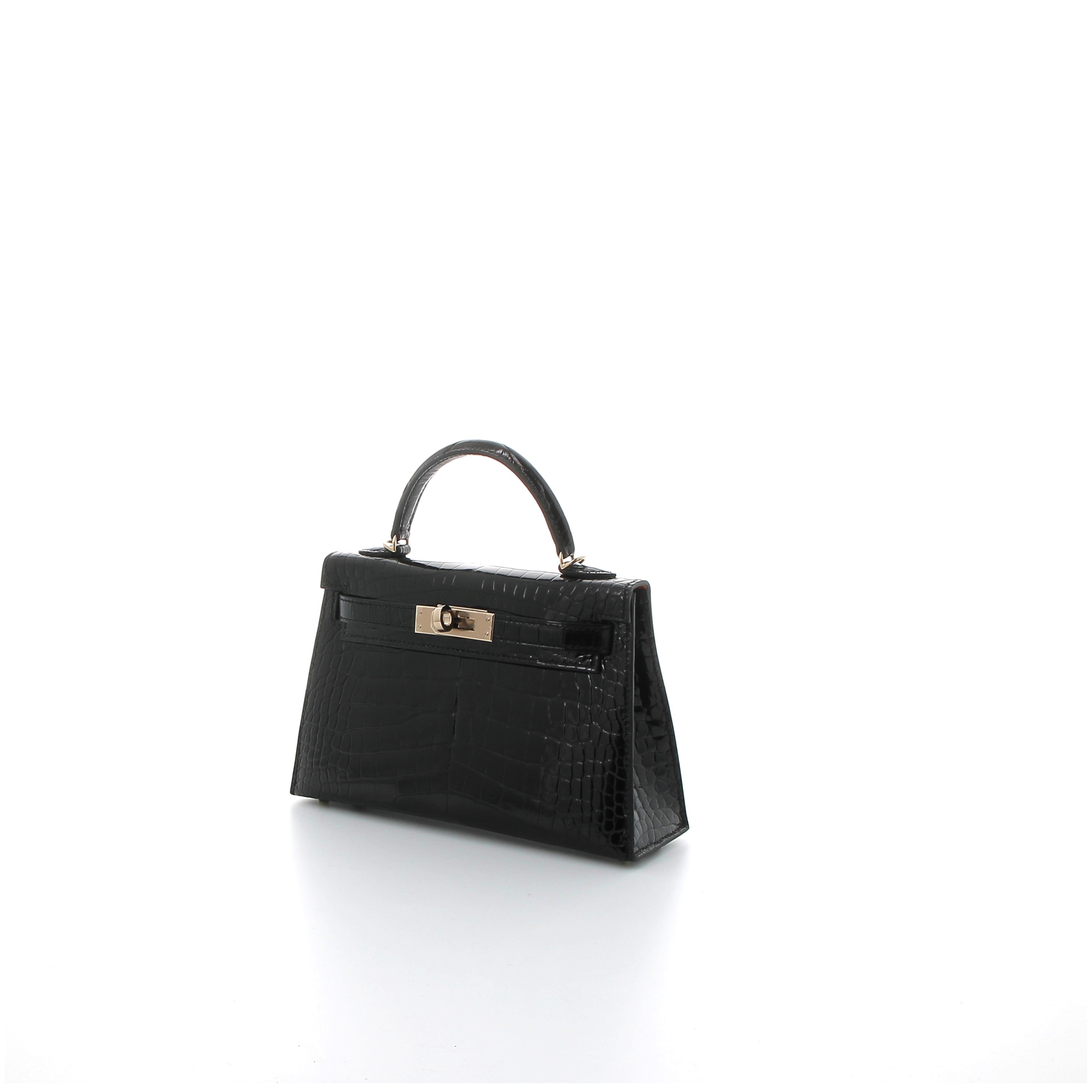 HERMES Kelly 20 Noir Crocodile Niloticus Yellow Gold Hardware