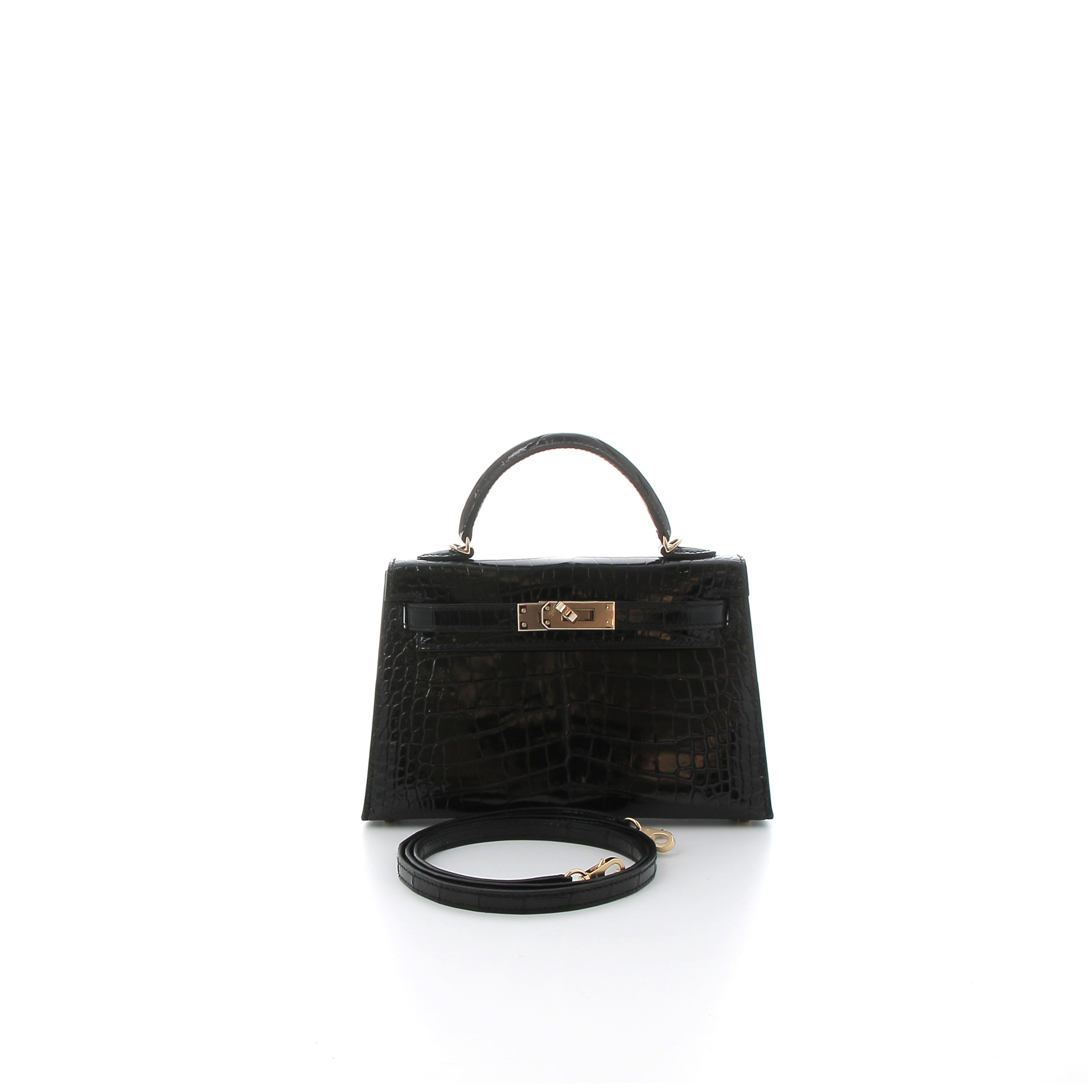 HERMES Kelly 20 Noir Crocodile Niloticus Yellow Gold Hardware