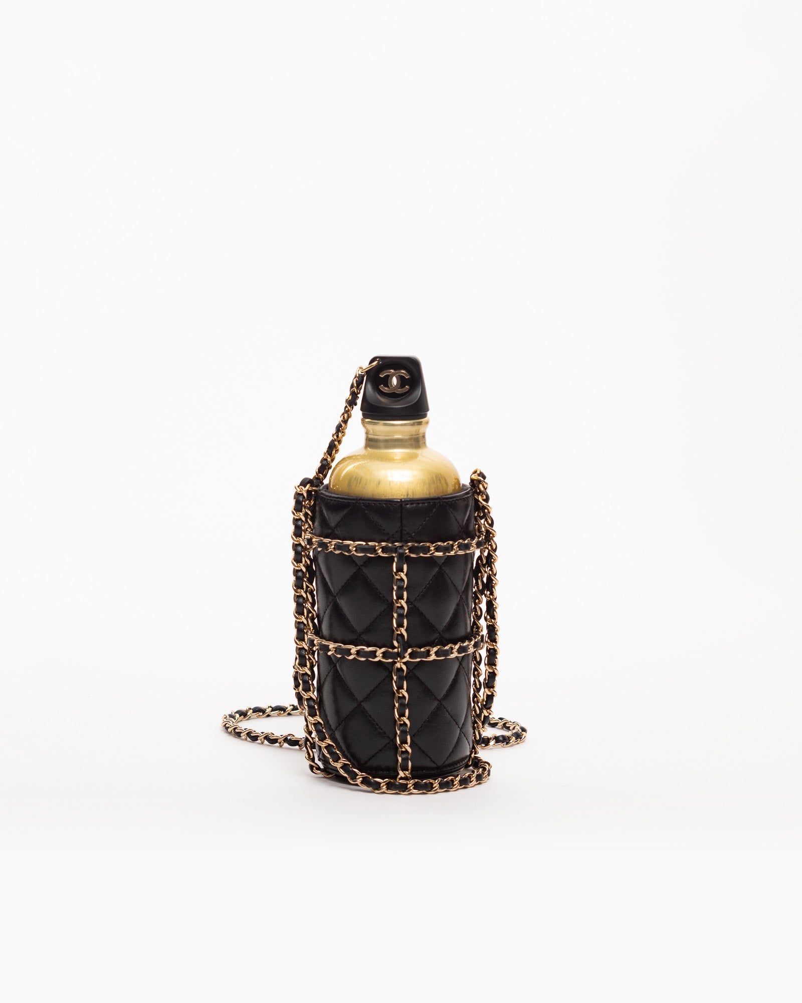 CHANEL Metal Flask Bag in Gold and Black Quilted Lambskin Leather Case