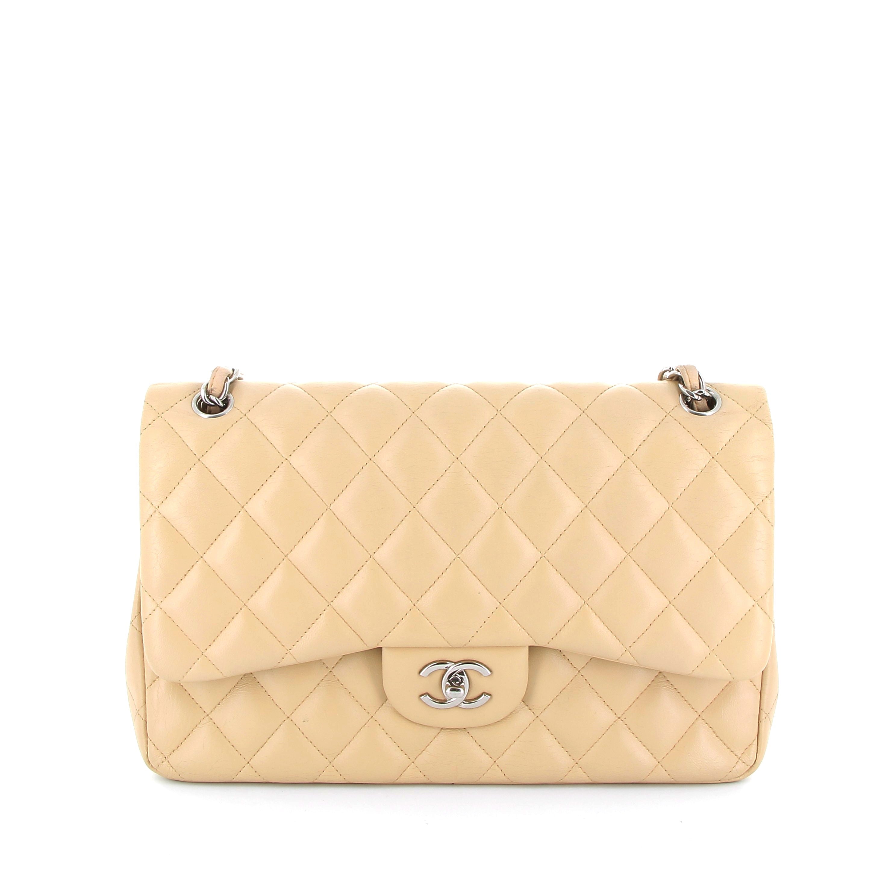 Chanel Beige Lambskin Timeless Jumbo Flap bag with Silver Hardware