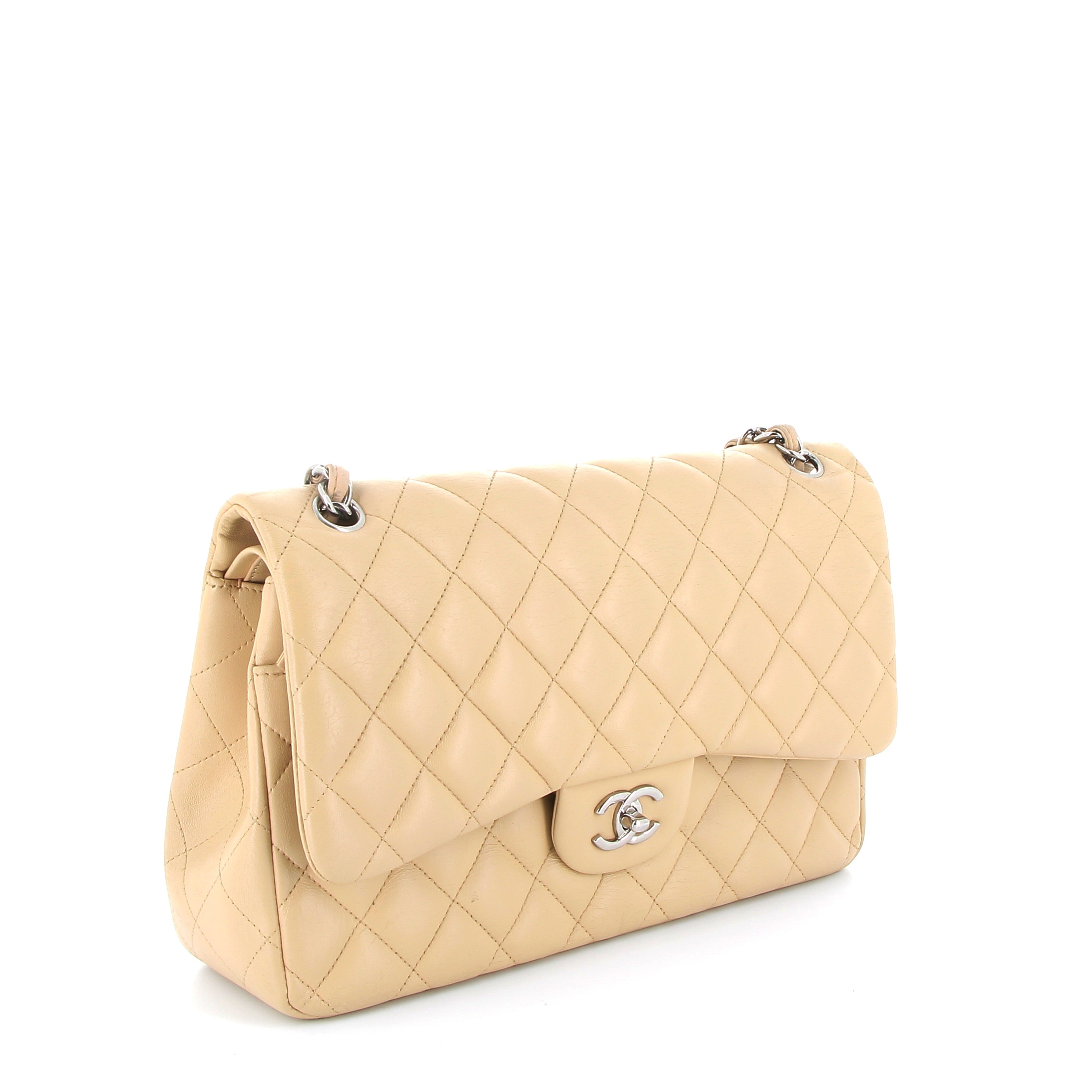 Chanel Beige Lambskin Timeless Jumbo Flap bag with Silver Hardware