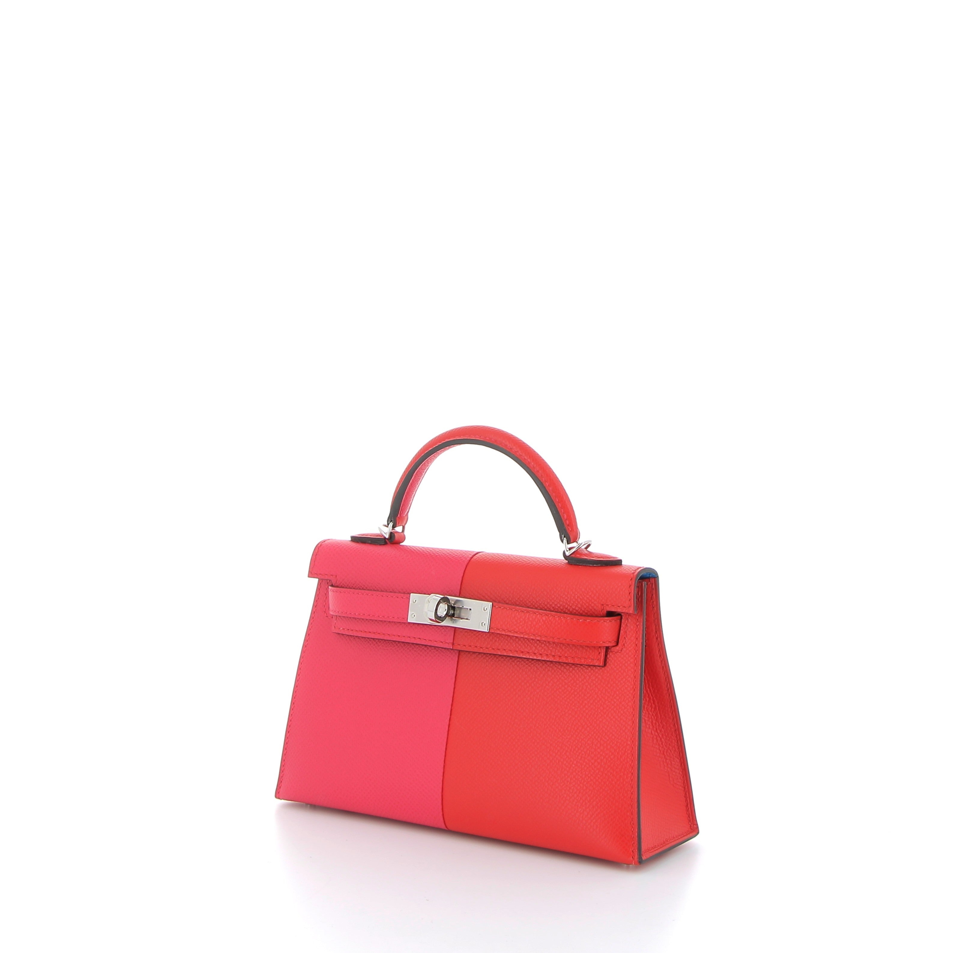 HERMÈS Kelly 20 Rose Extreme / Rouge de Coeur / Blue Zanzibar Epsom Leather Palladium Hardware