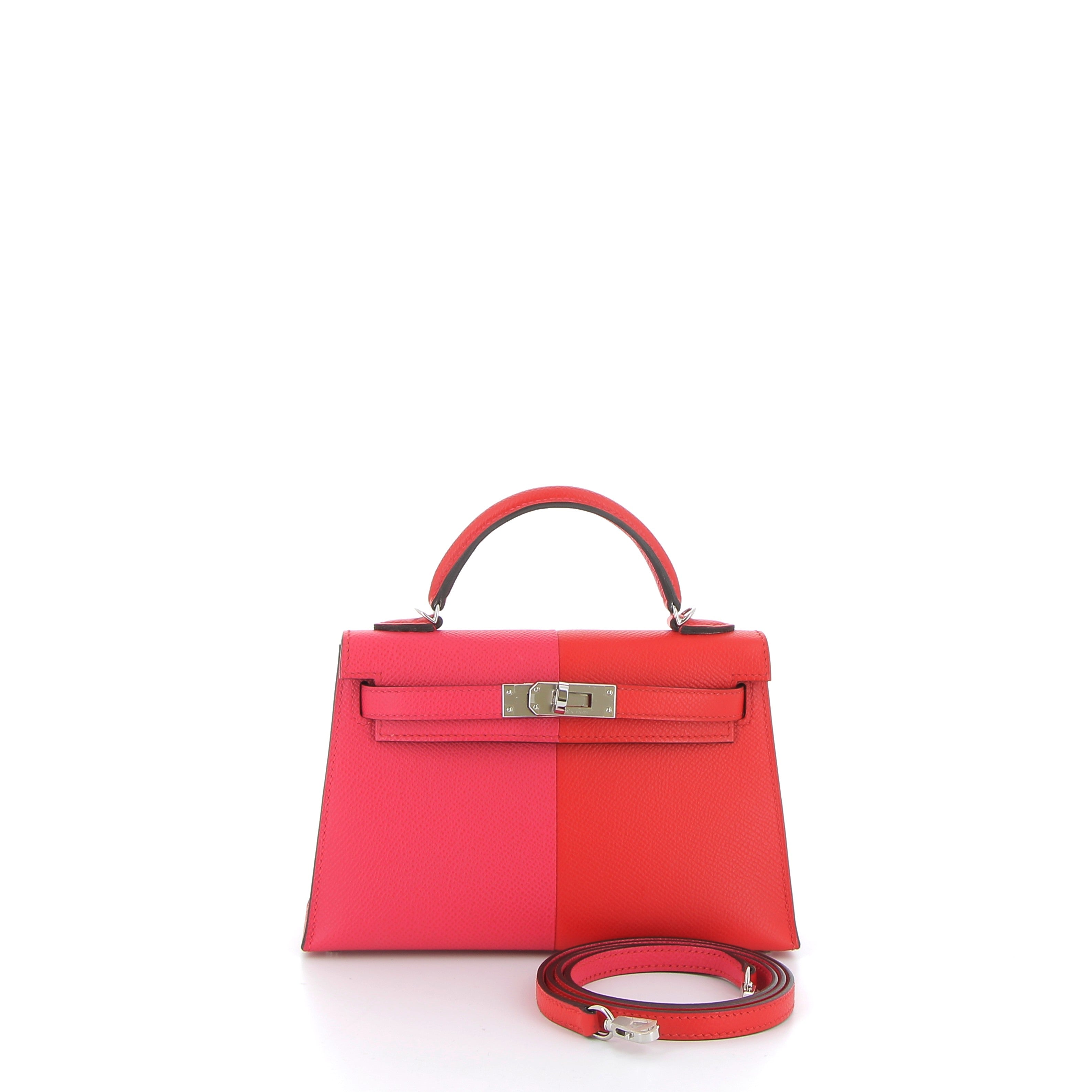 HERMÈS Kelly 20 Rose Extreme / Rouge de Coeur / Blue Zanzibar Epsom Leather Palladium Hardware