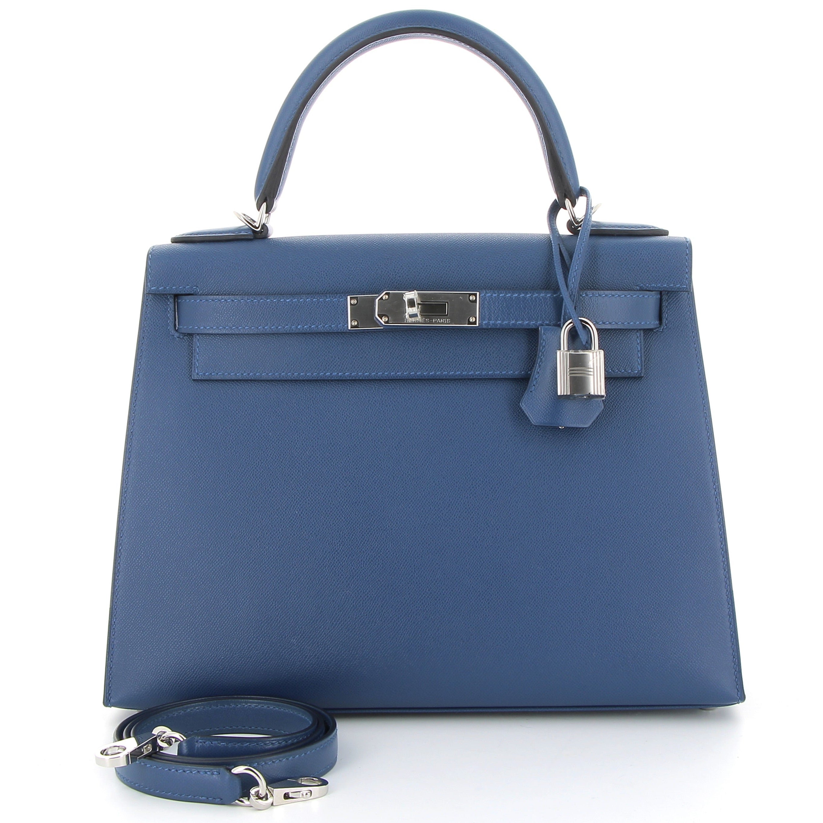 HERMES Kelly 28 Bleu Tie Veau Madame Leather Palladium Hardware