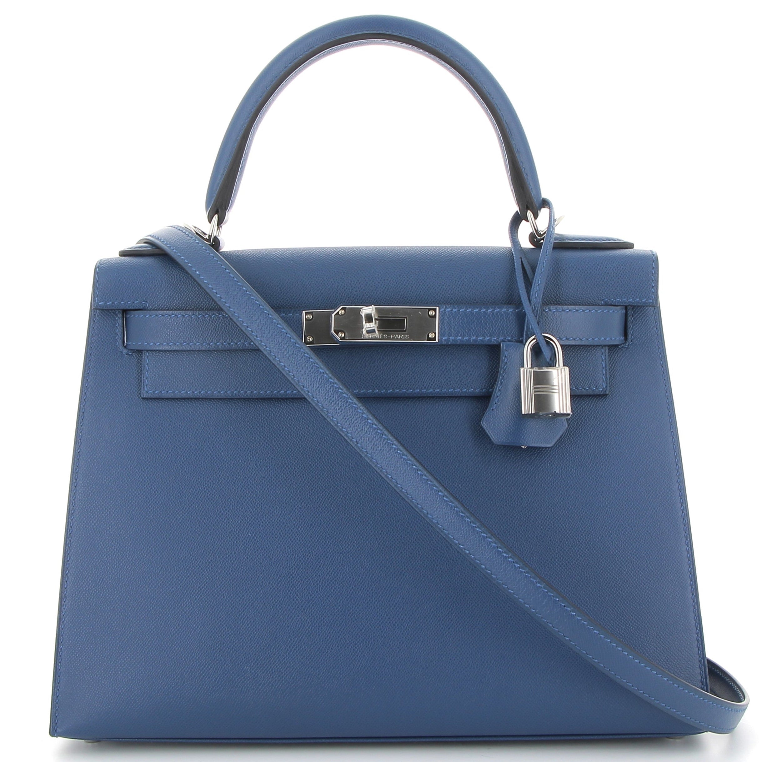 HERMES Kelly 28 Bleu Tie Veau Madame Leather Palladium Hardware