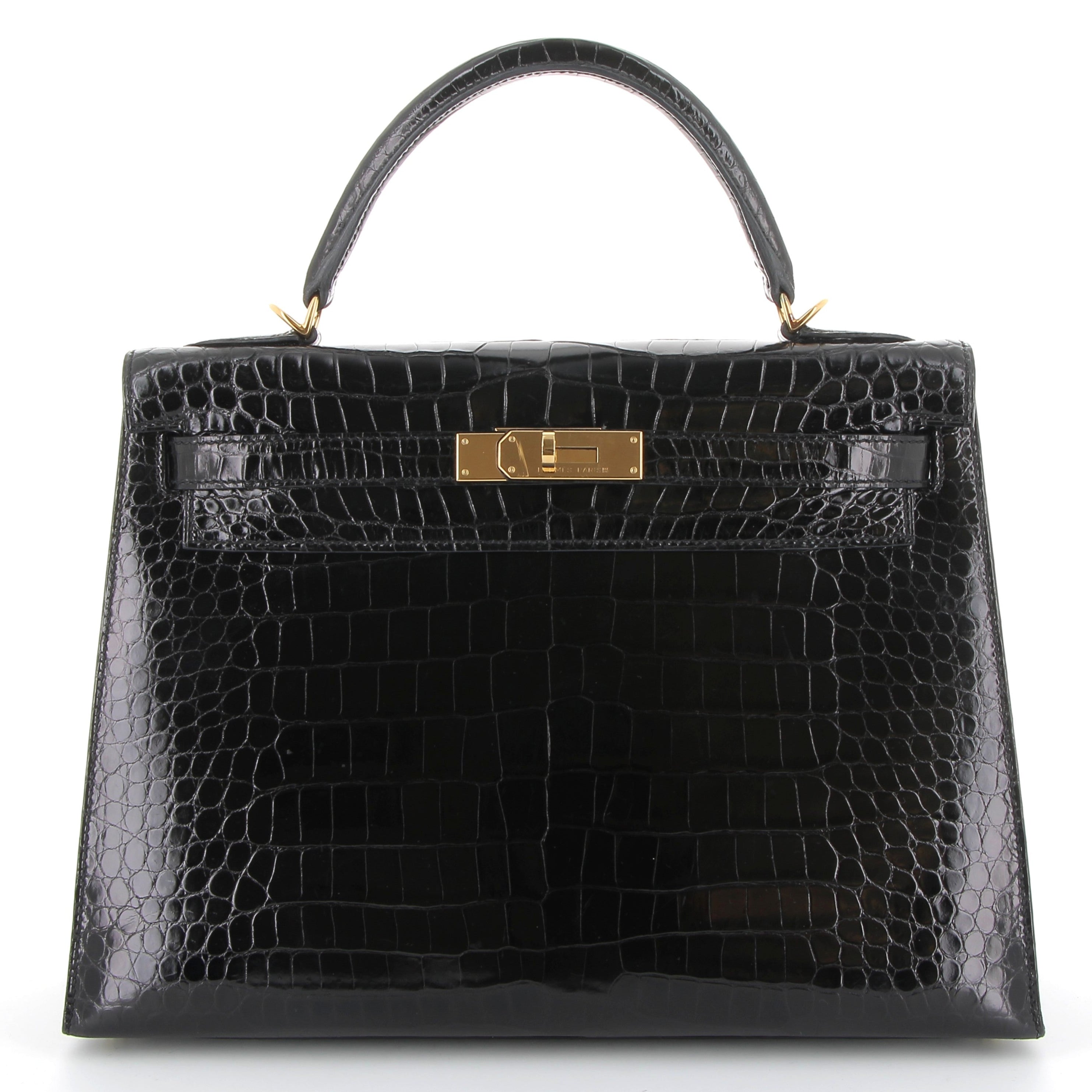 HERMES Kelly 32 Noir Sellier Crocodile Porosus Yellow Gold Hardware