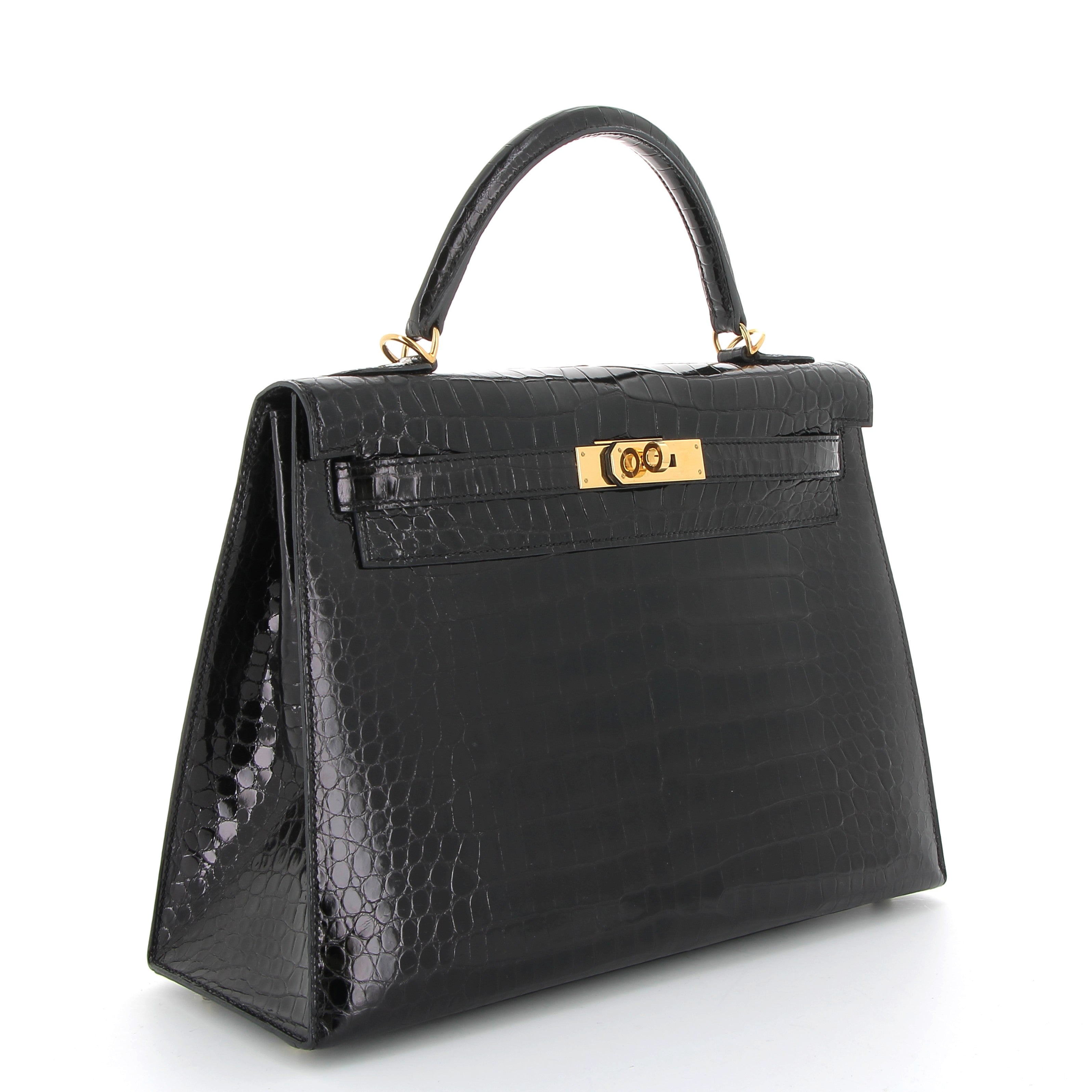 HERMES Kelly 32 Noir Sellier Crocodile Porosus Yellow Gold Hardware