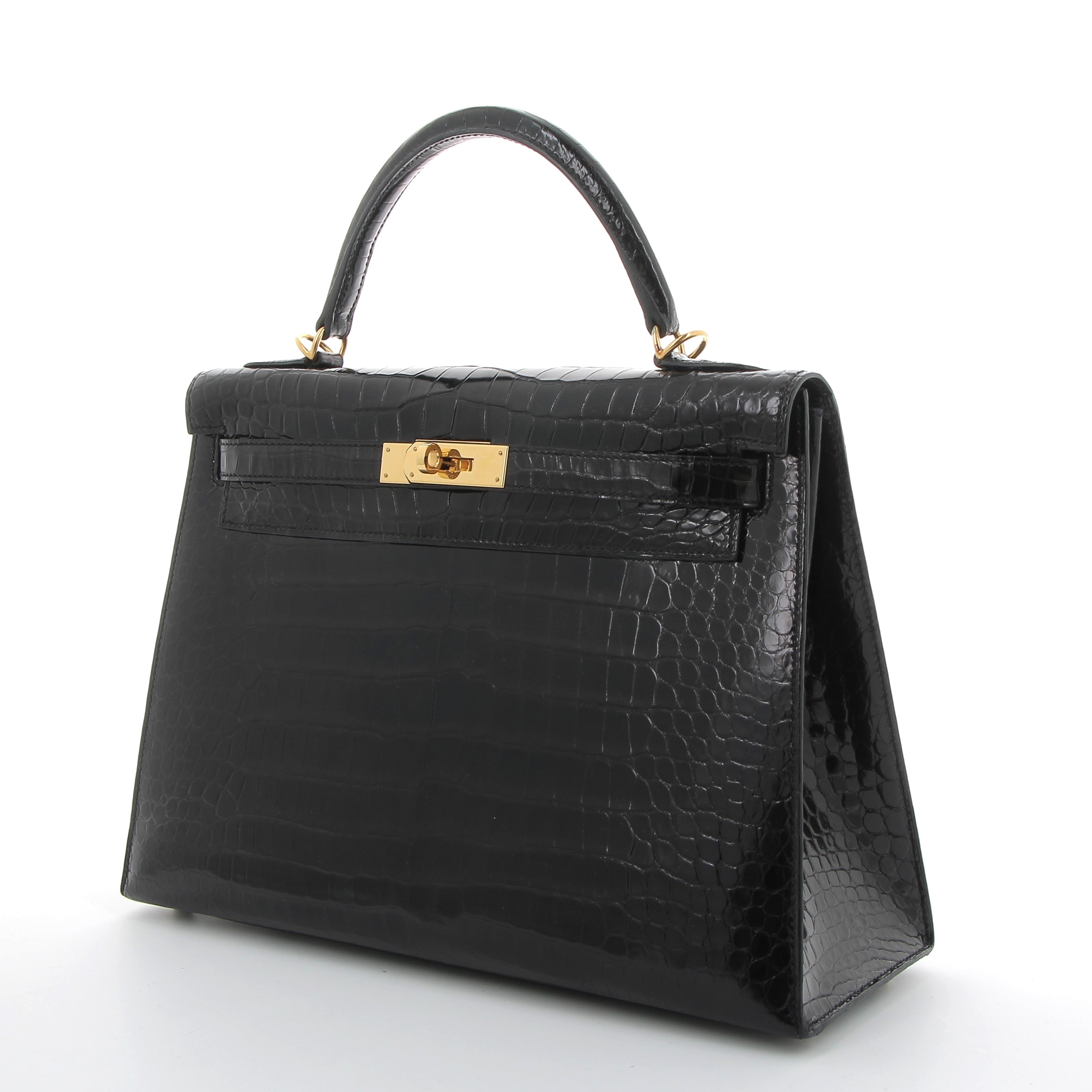 HERMES Kelly 32 Noir Sellier Crocodile Porosus Yellow Gold Hardware