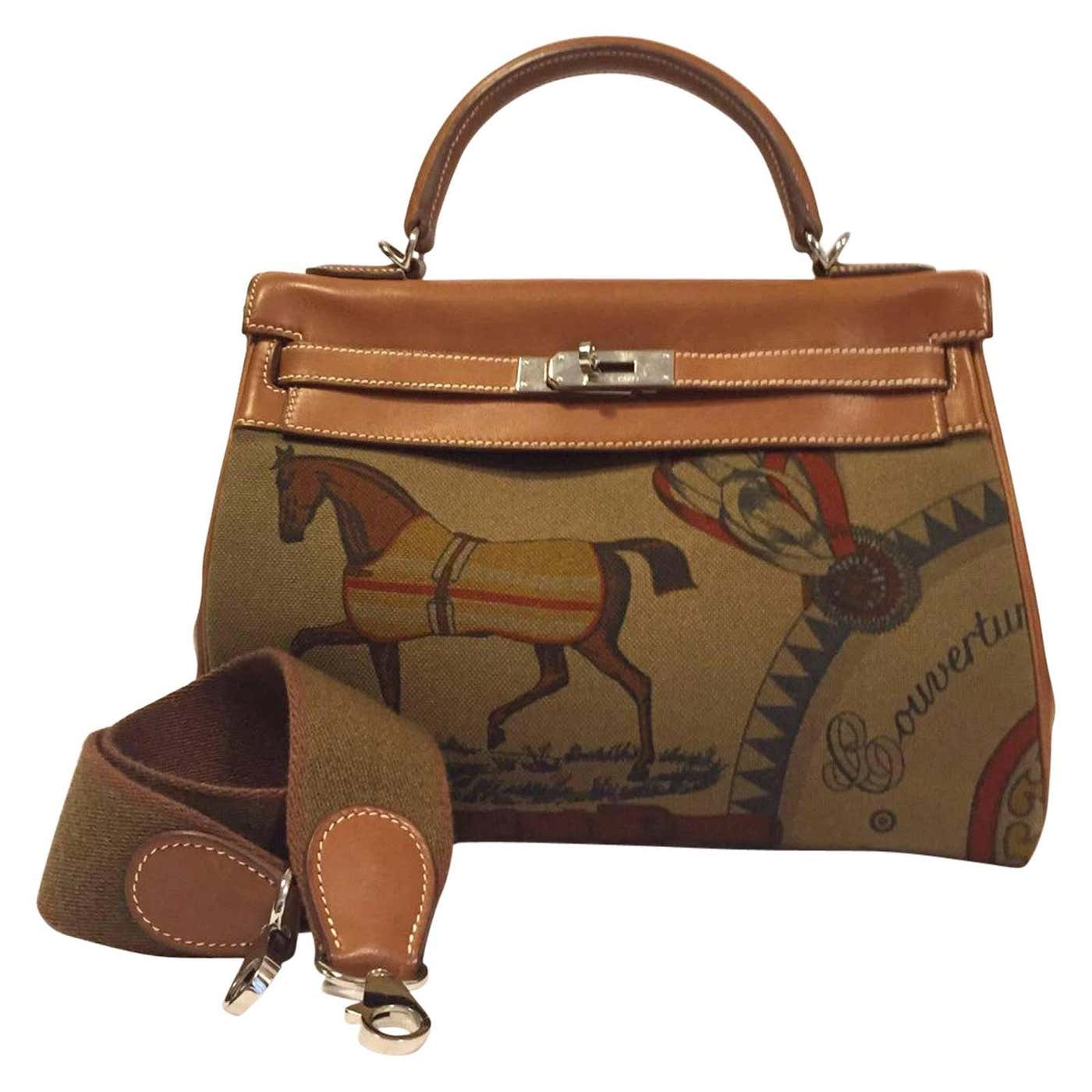 HERMÈS Kelly 32 Amazone Barenia Horse Print Toile Palladium hardware