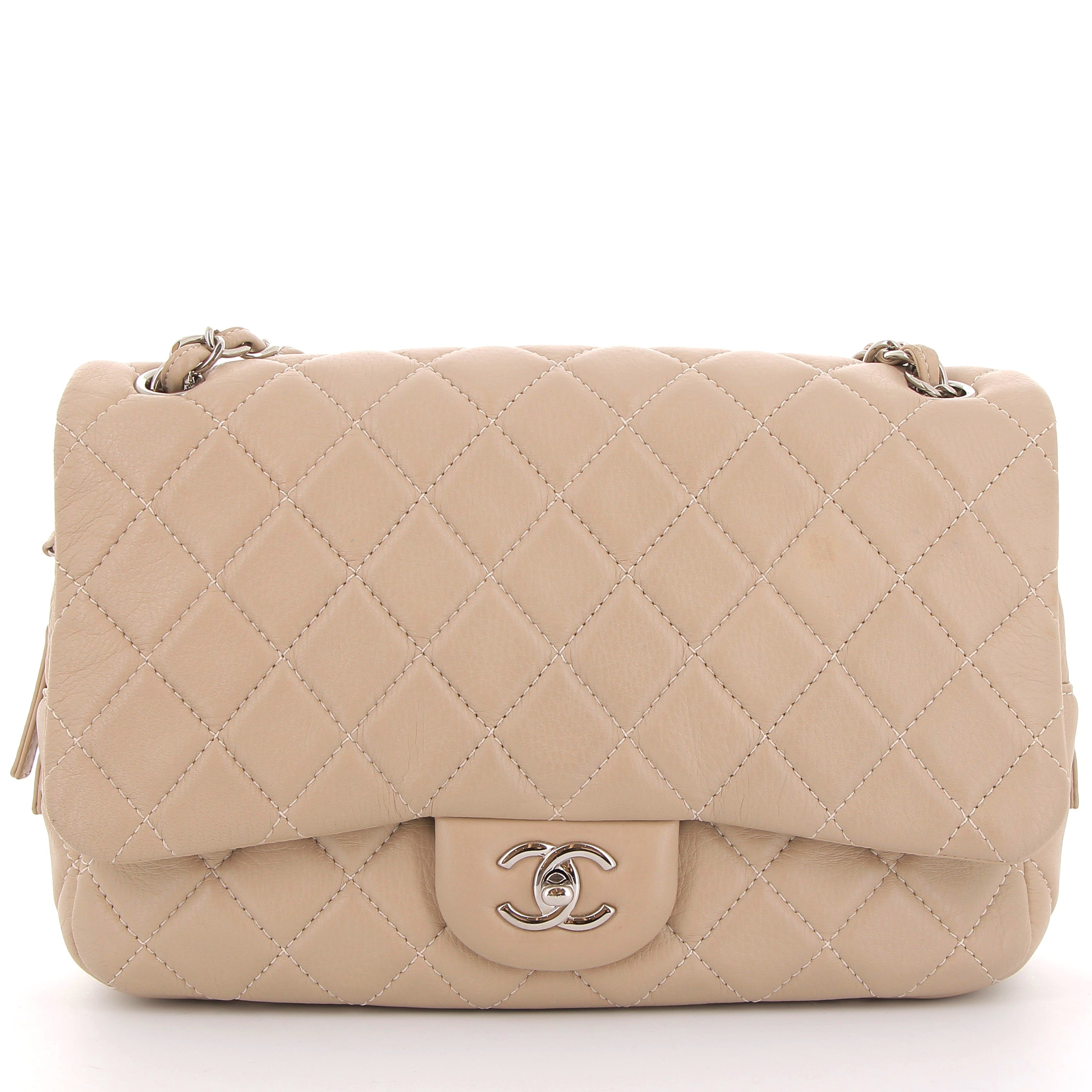 CHANEL Easy Flap Beige Calfskin Silver Hardware