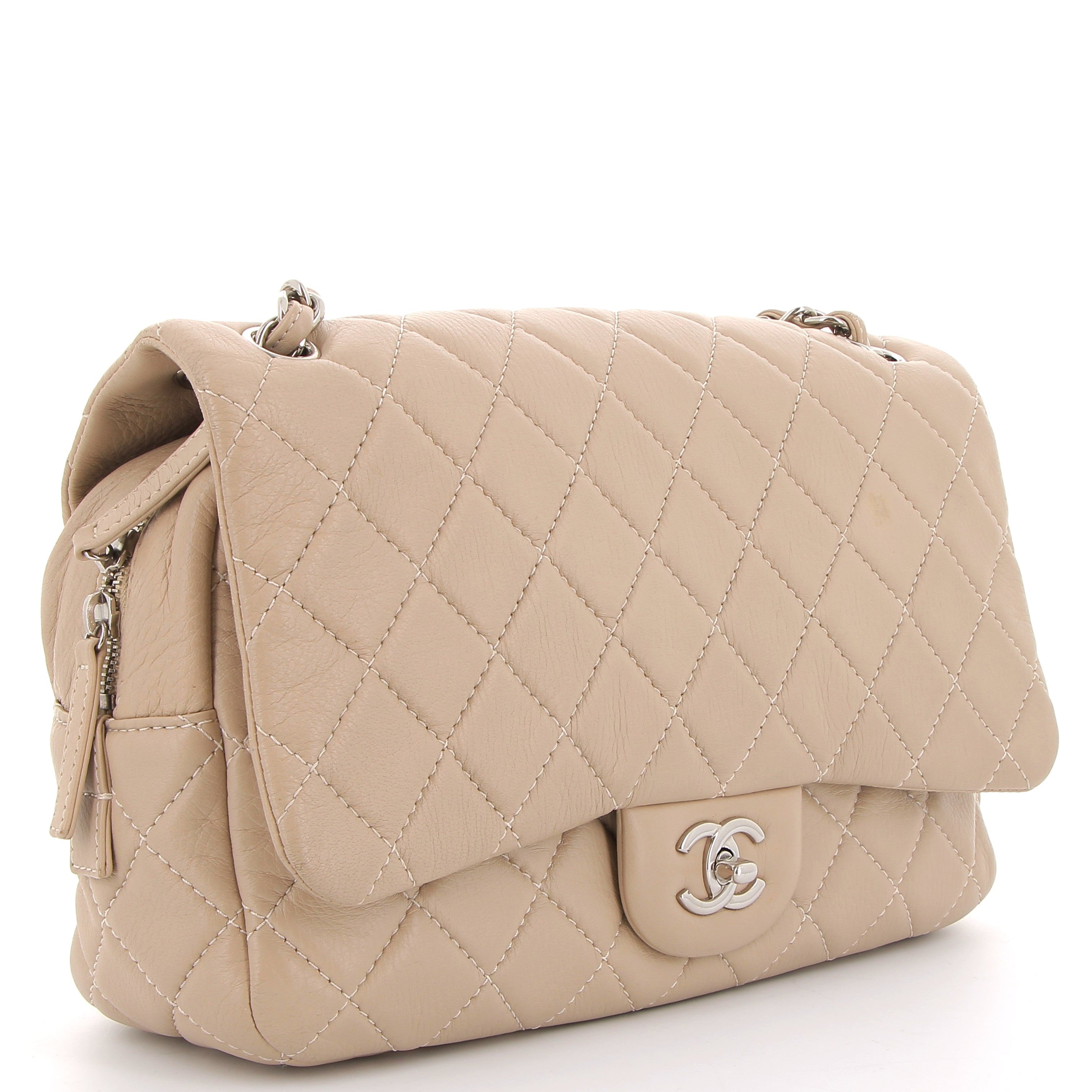 CHANEL Easy Flap Beige Calfskin Silver Hardware