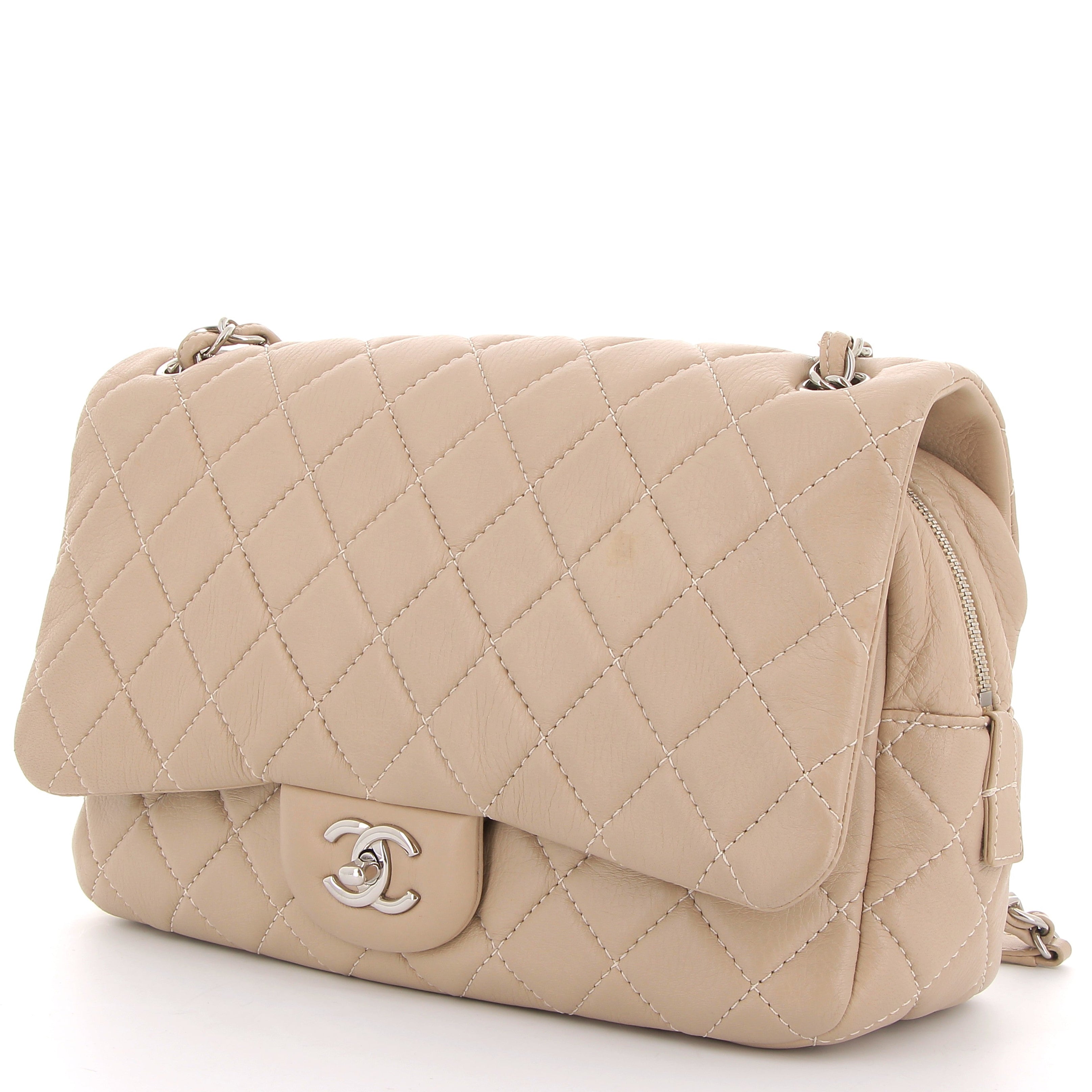CHANEL Easy Flap Beige Calfskin Silver Hardware