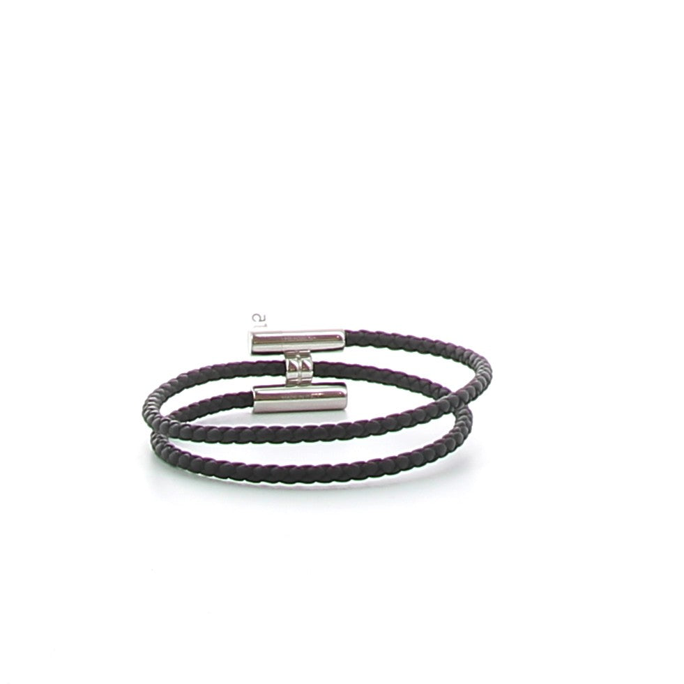 HERMES Tournis Tressé Bracelet Black Swift Leather Palladium Hardware