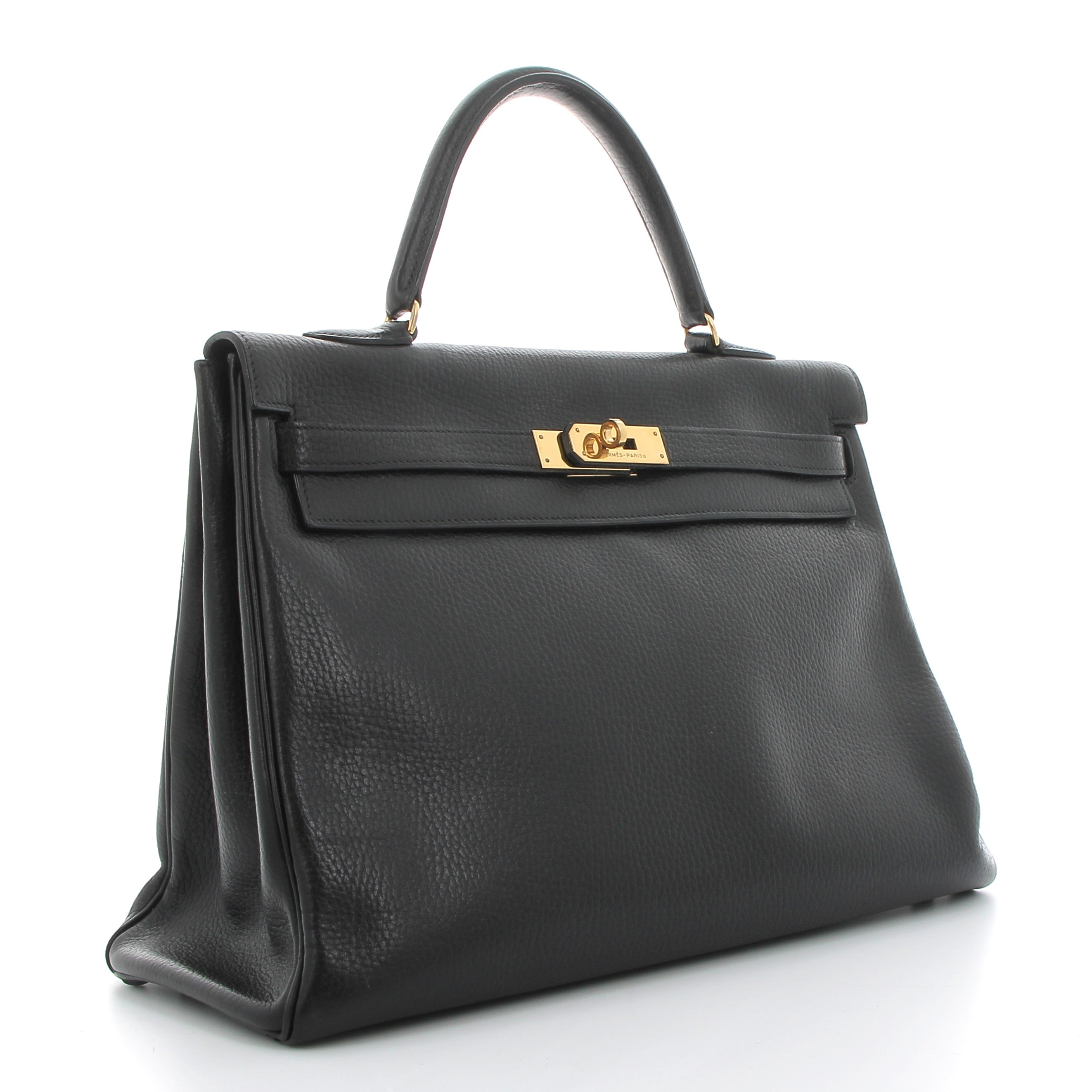HERMES Kelly 32 Noir Ardennes Calfskin Gold Hardware