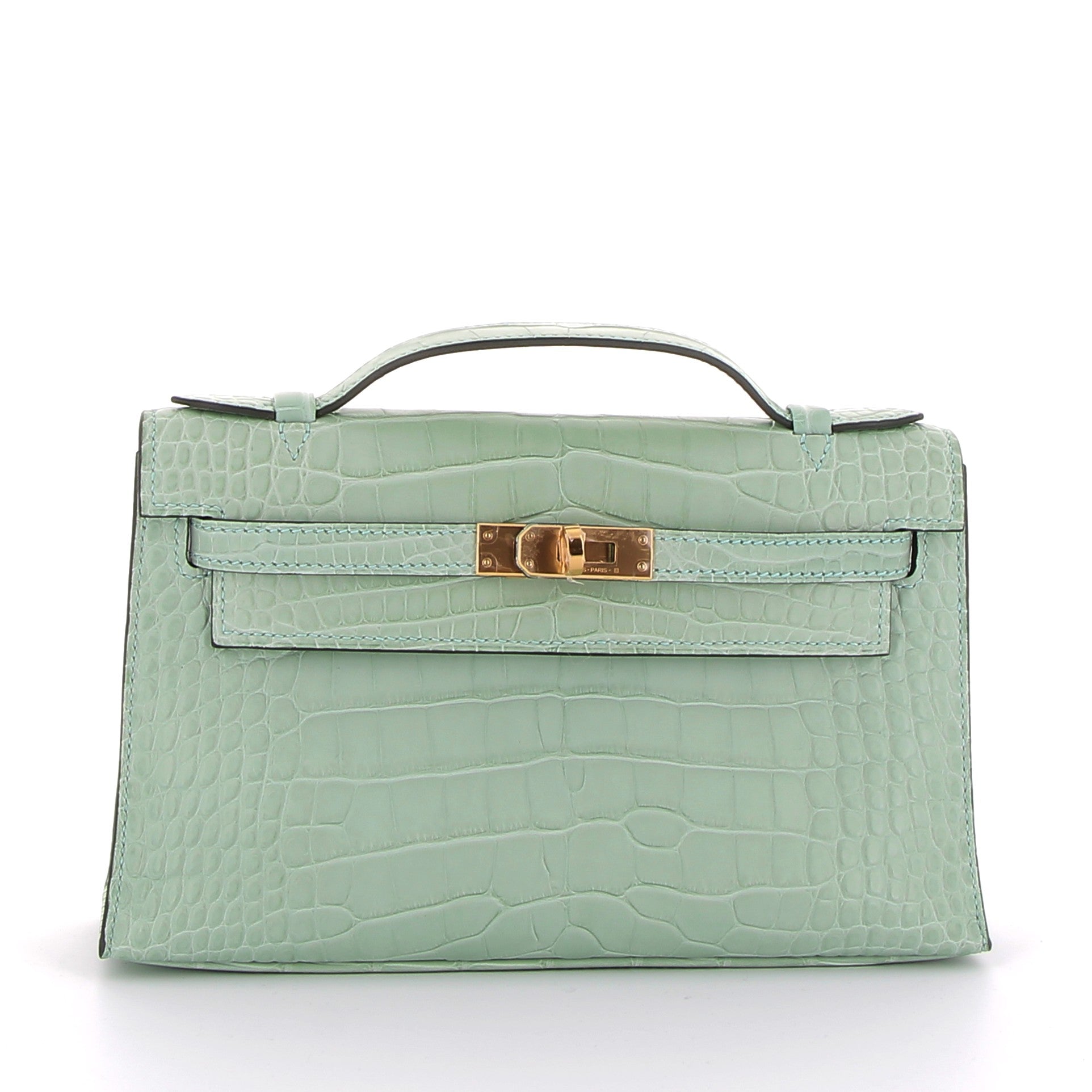 HERMES Kelly Pochette Vert d'Eau Crocodile Gold Hardware