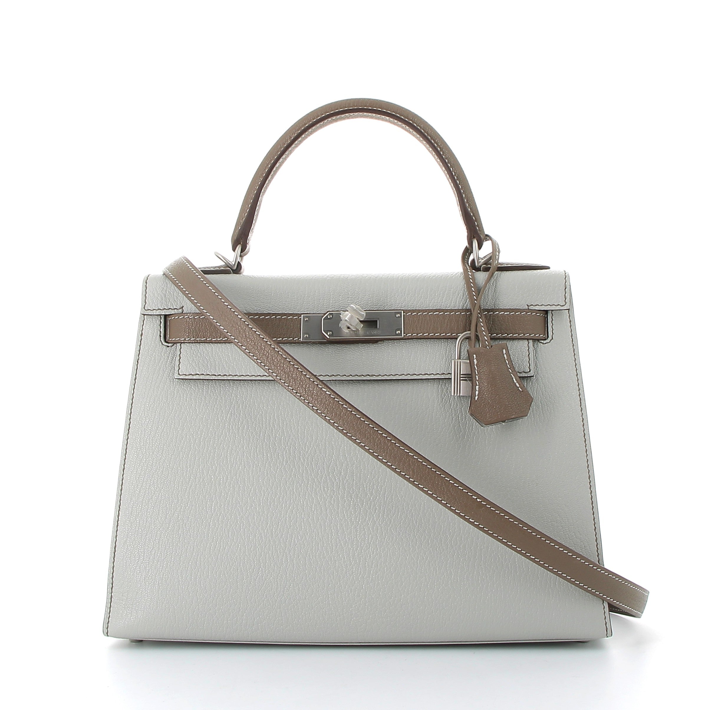 HERMES Kelly 28 Bicolor Gris Pale/Etoupe Chevre Brushed Palladium Hardware