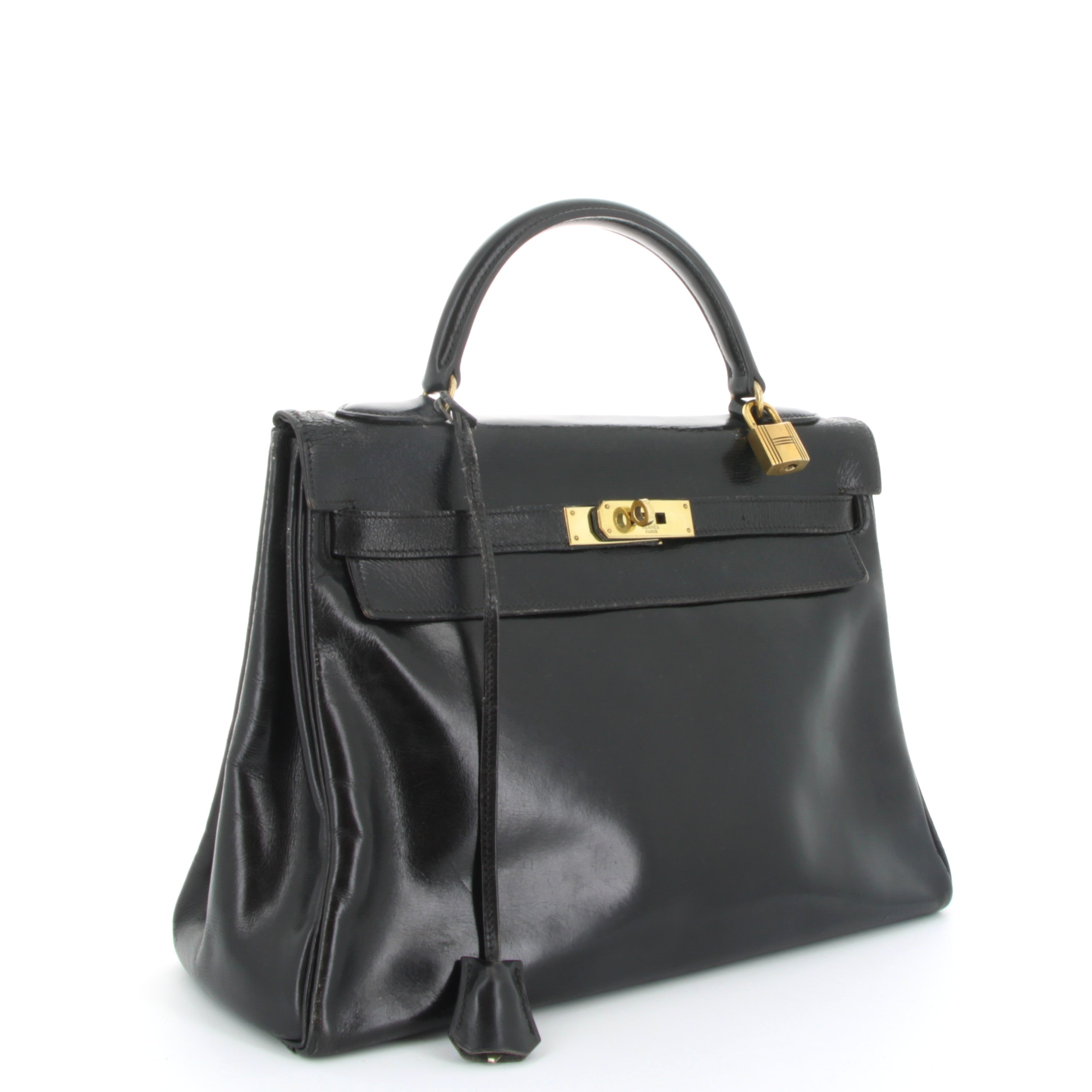 HERMES Kelly 32 Noir Box Gold Hardware