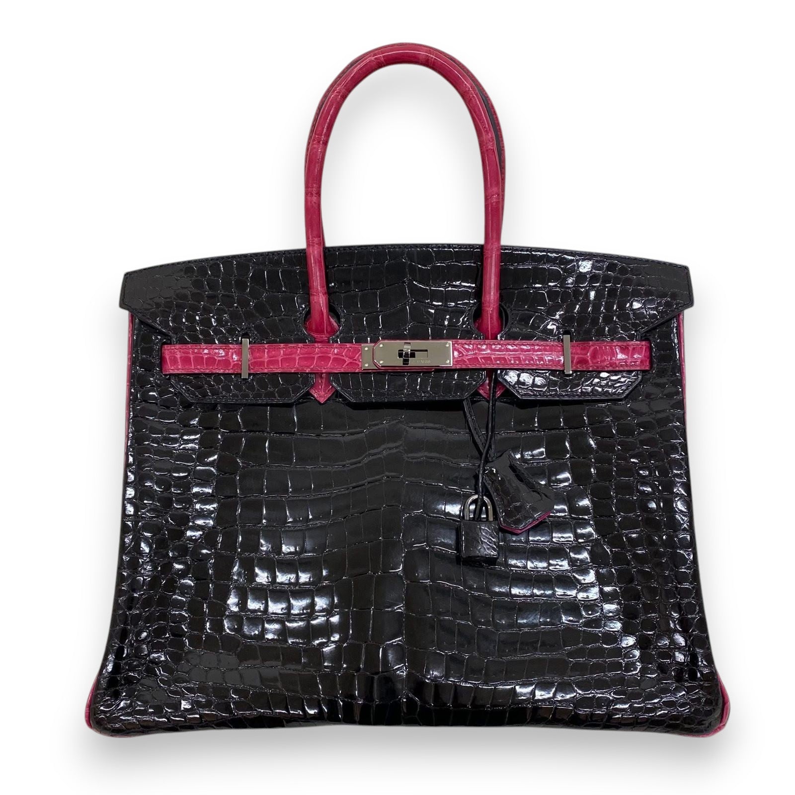 HERMES Birkin 35 Noir / Pink Crocodile Porosus Palladium Hardware