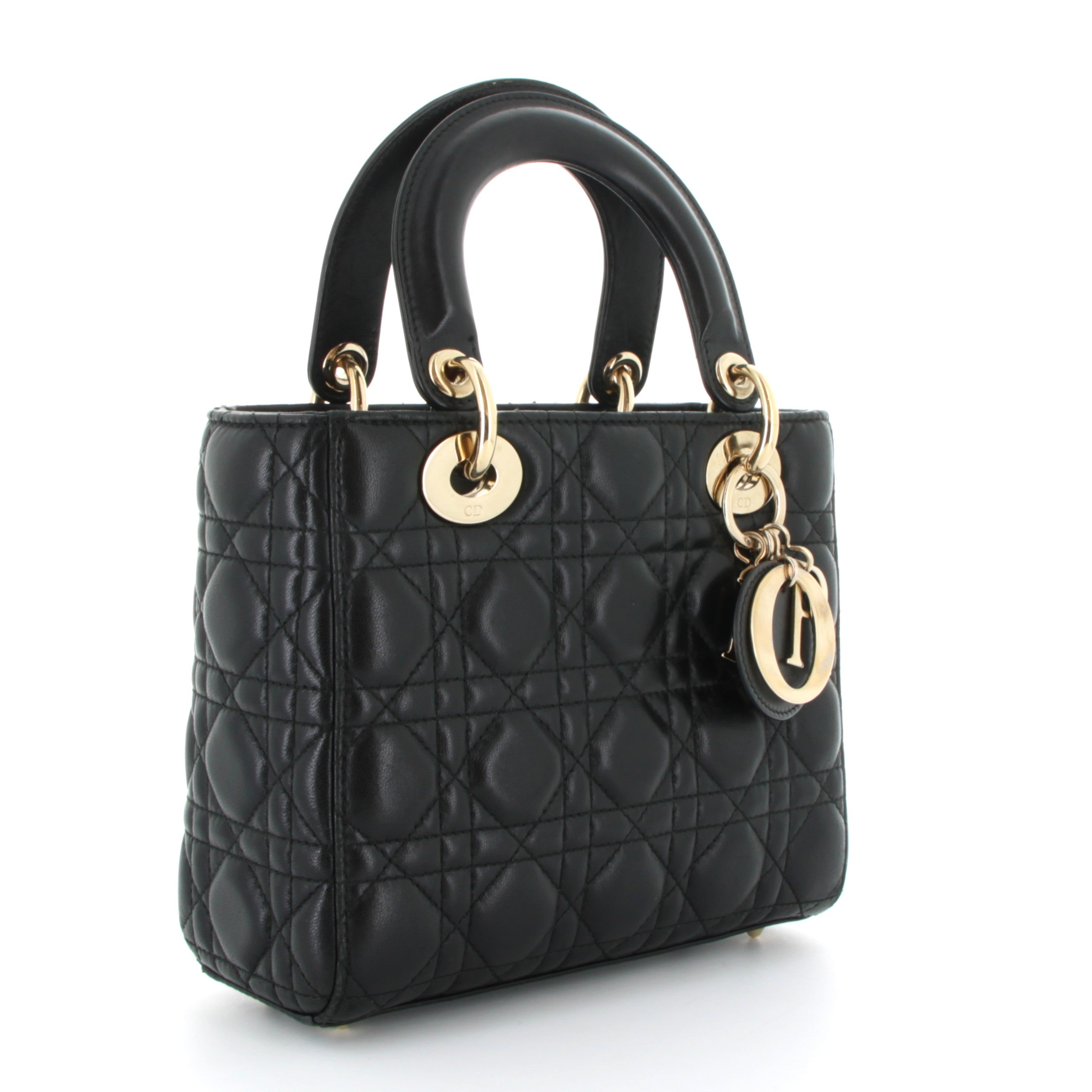 CHRISTIAN DIOR Small Lady Dior Noir Gold Hardware with Charm strap