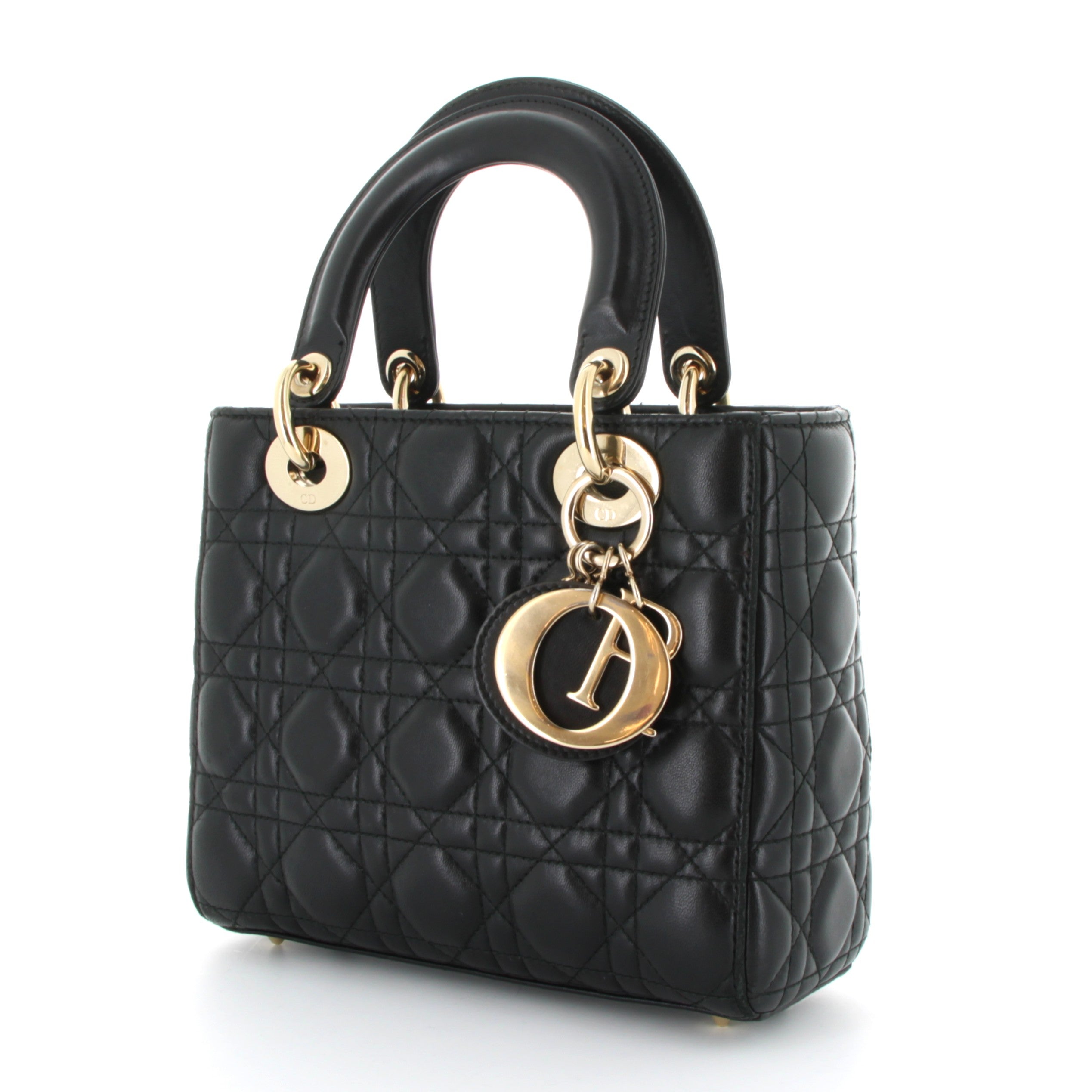 CHRISTIAN DIOR Small Lady Dior Noir Gold Hardware with Charm strap
