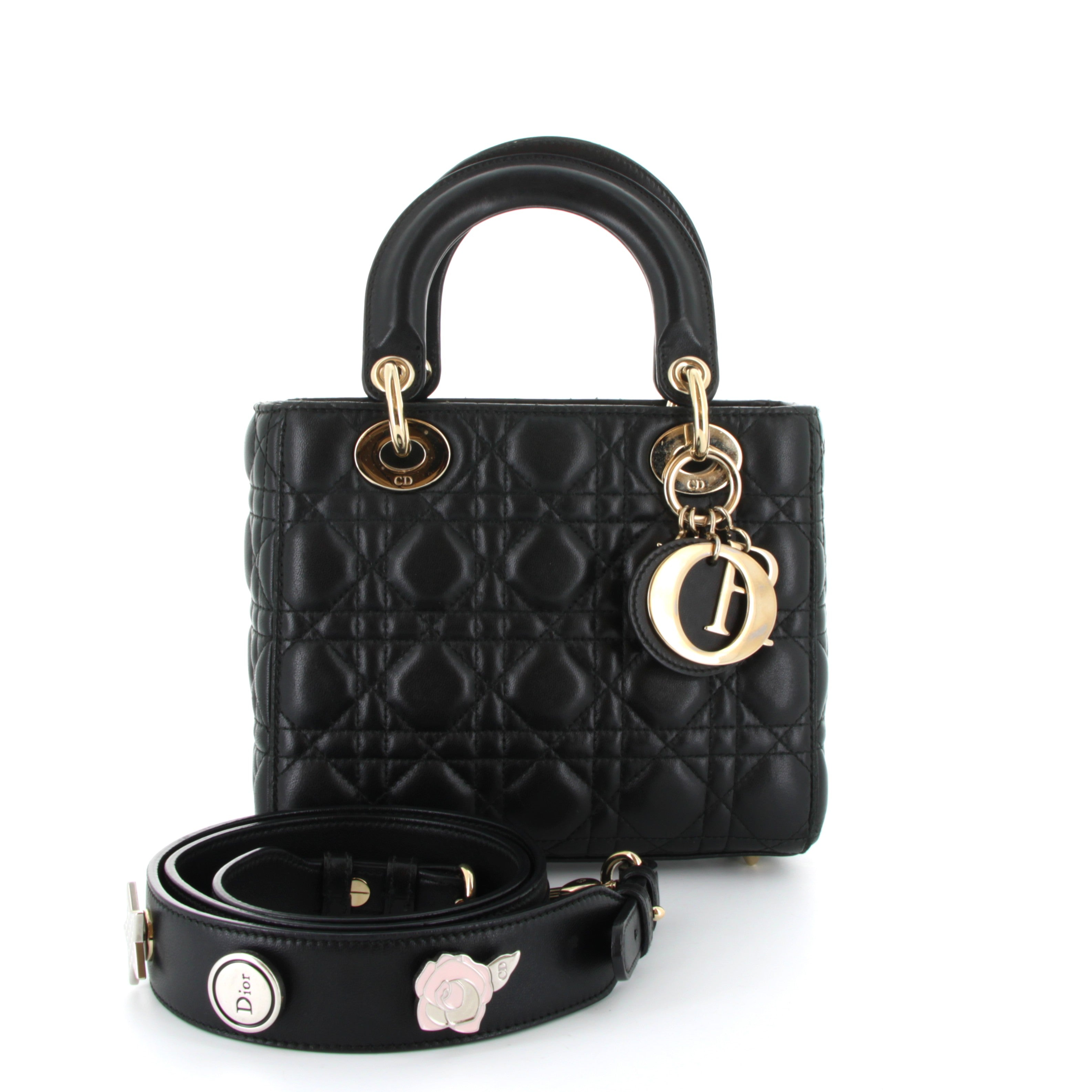 CHRISTIAN DIOR Small Lady Dior Noir Gold Hardware with Charm strap