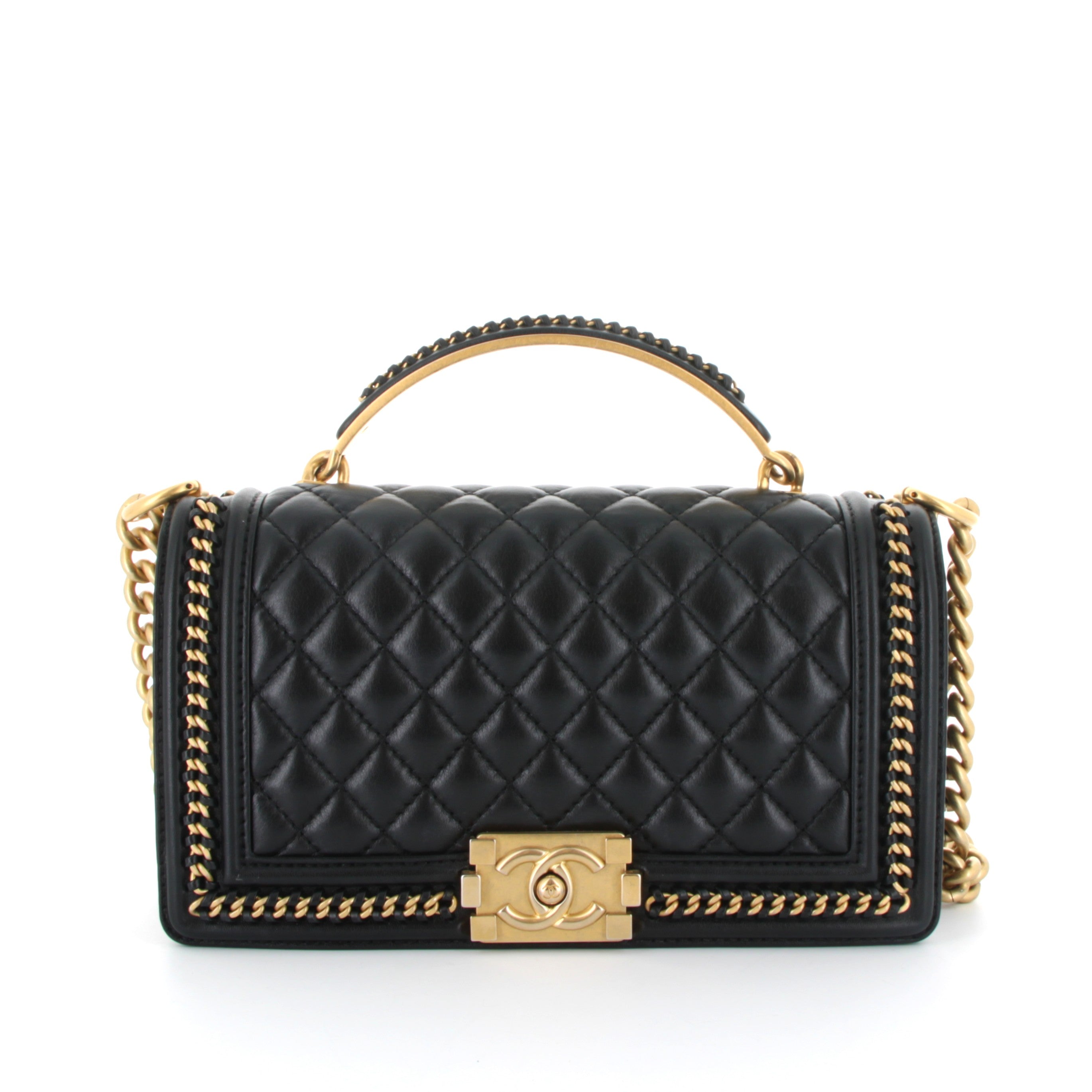 CHANEL Medium Boy Noir Lambskin Gold Chain Detail Gold Hardware