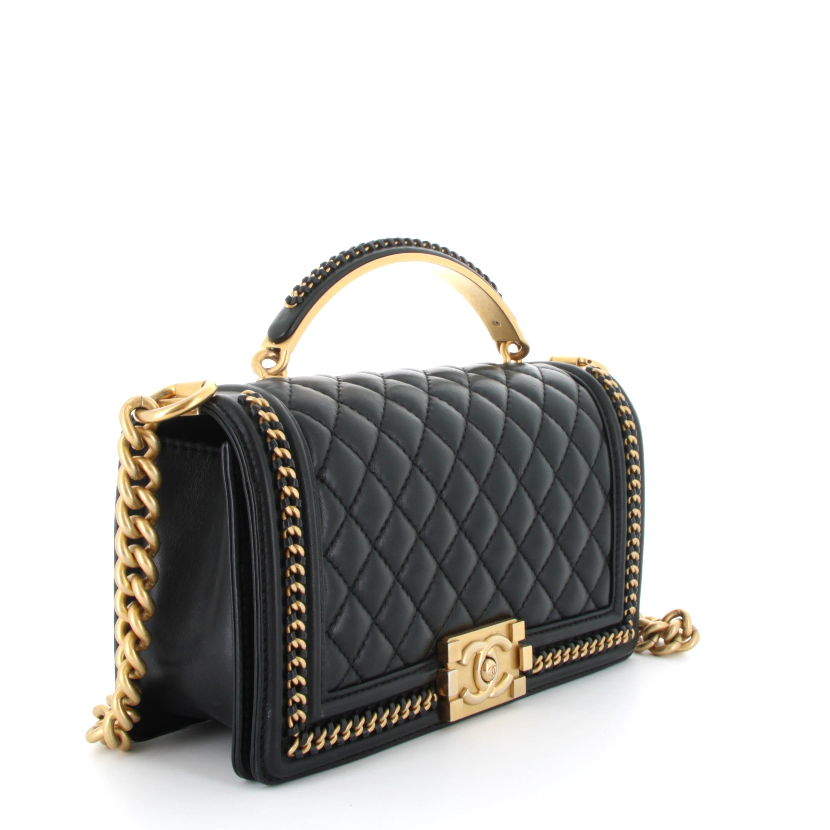 CHANEL Medium Boy Noir Lambskin Gold Chain Detail Gold Hardware