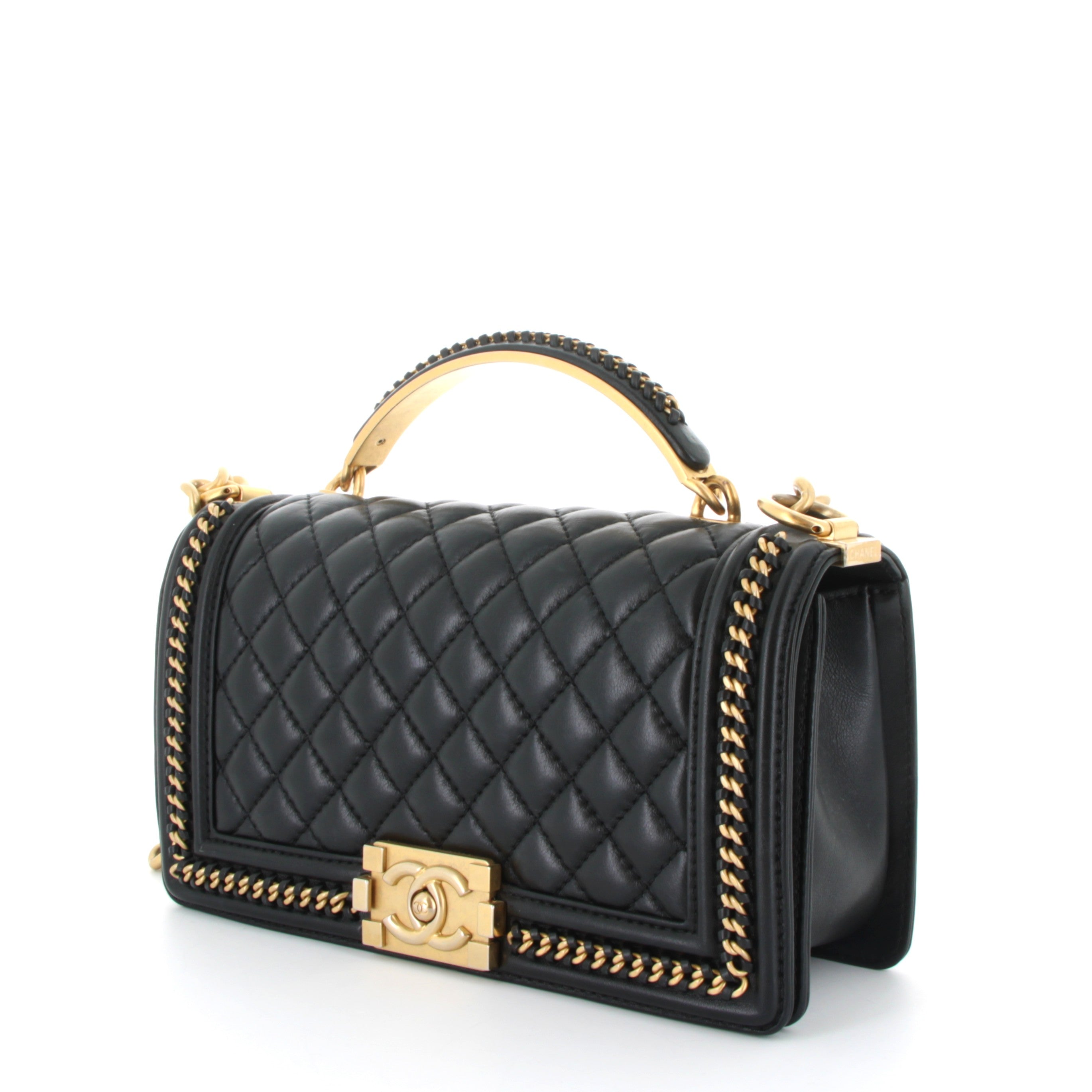CHANEL Medium Boy Noir Lambskin Gold Chain Detail Gold Hardware