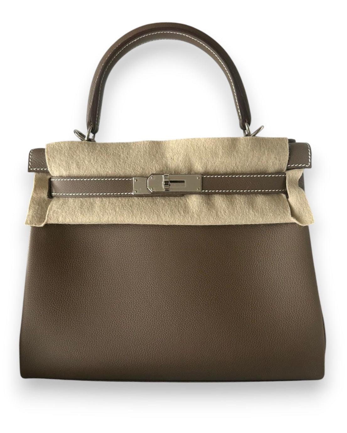 HERMES Kelly 28 Etoupe Evercolor Palladium hardware