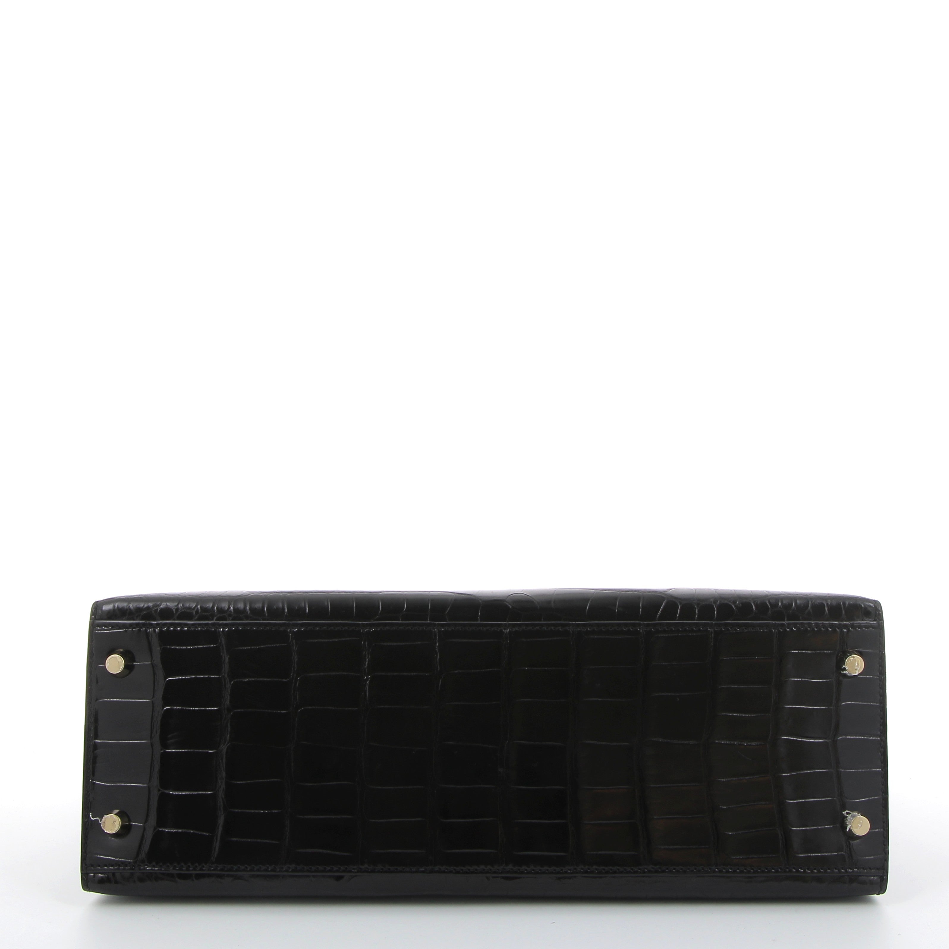 HERMES Kelly 32 Noir Sellier Crocodile Porosus Yellow Gold Hardware