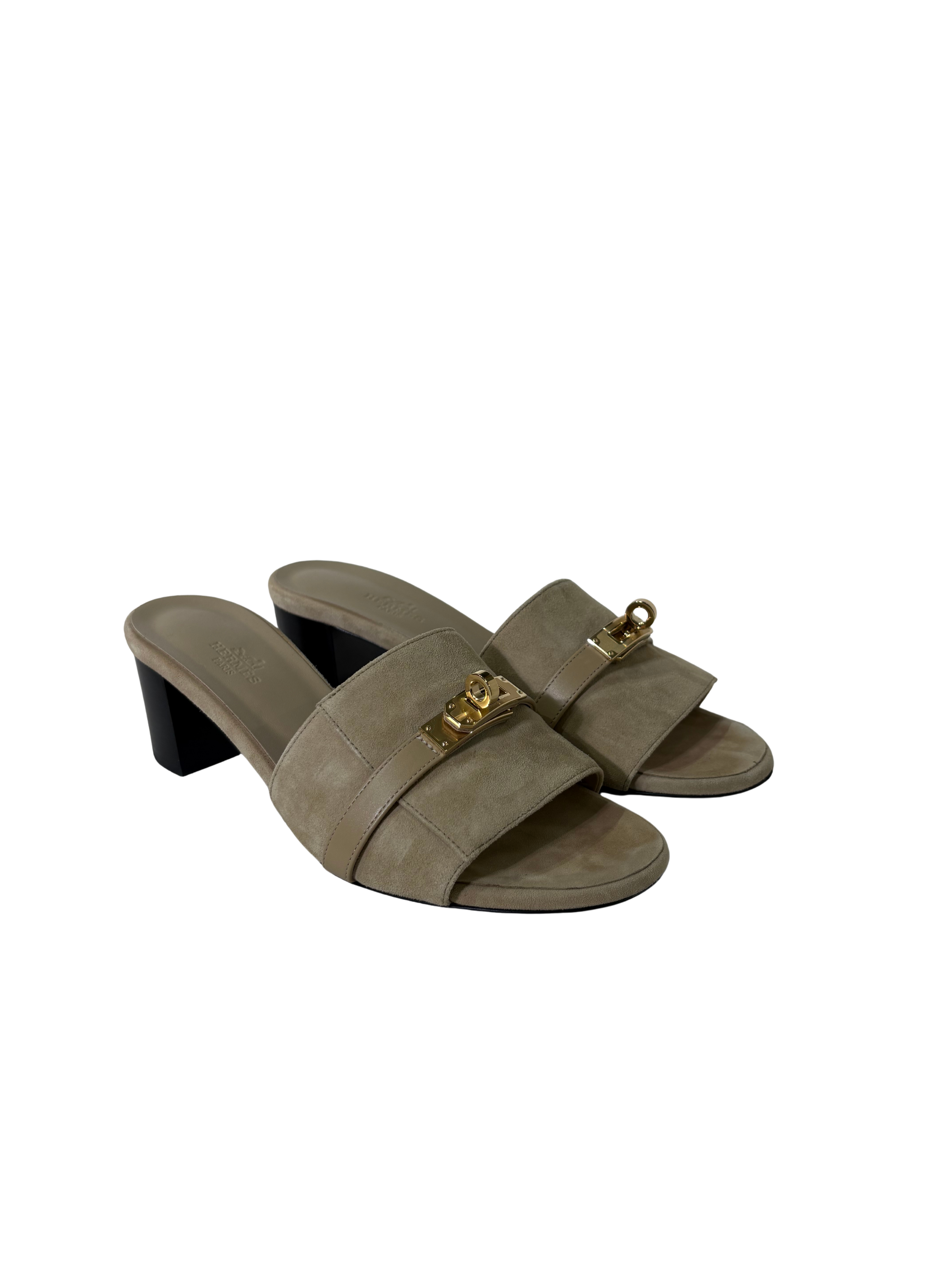HERMES Gigi 50 Sandals Beige Suede Permabrass hardware