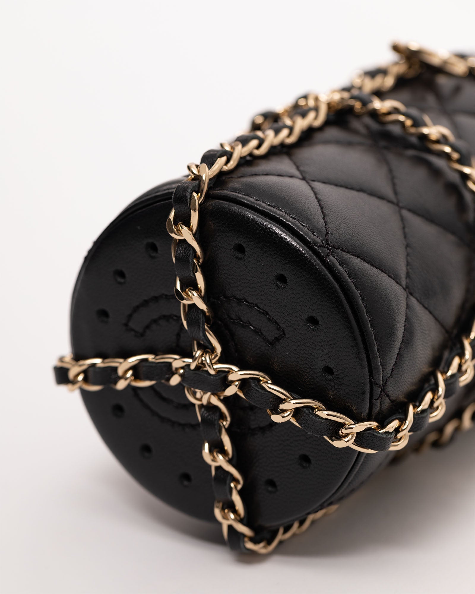 CHANEL Metal Flask Bag in Gold and Black Quilted Lambskin Leather Case