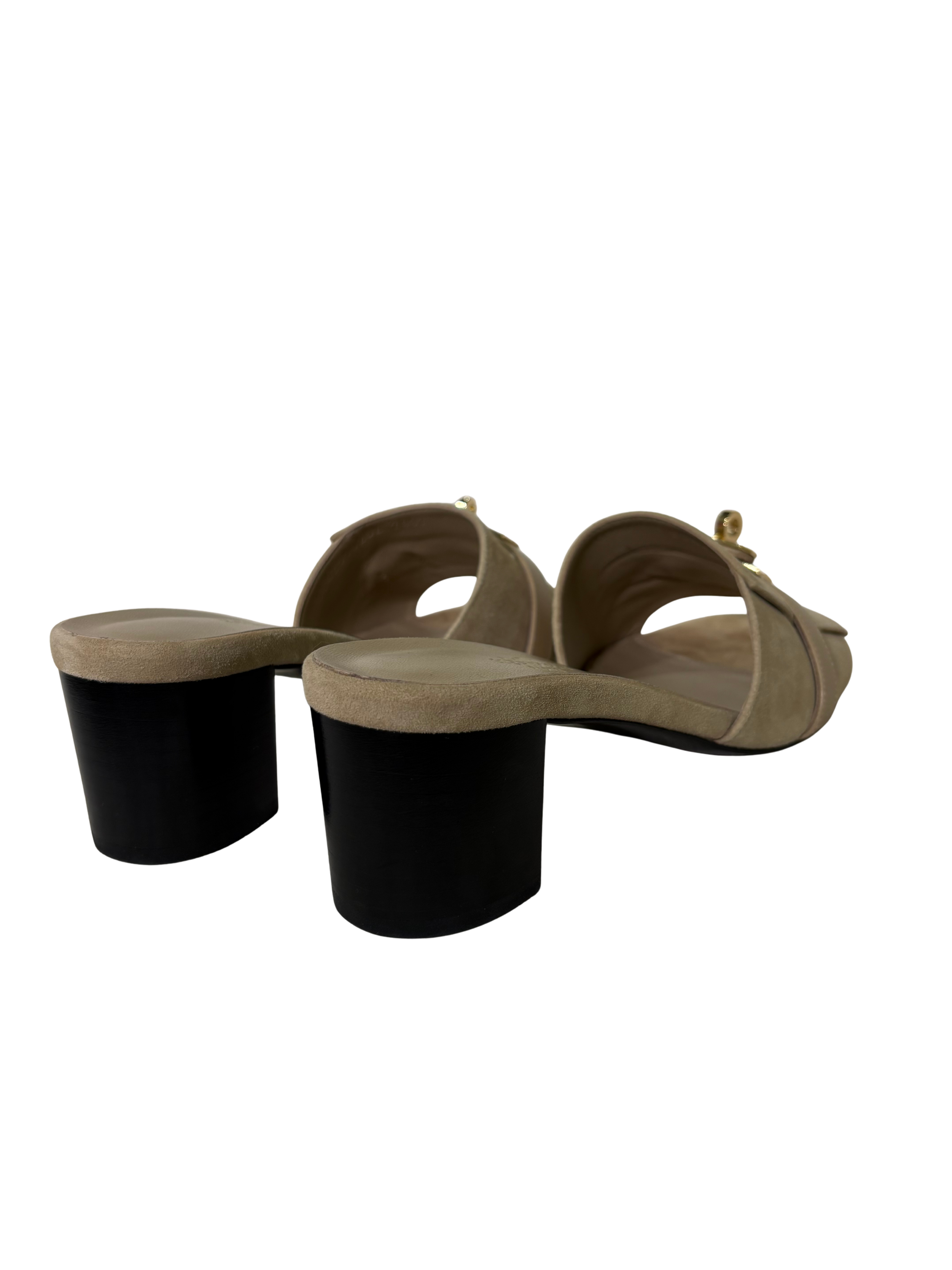 HERMES Gigi 50 Sandals Beige Suede Permabrass hardware