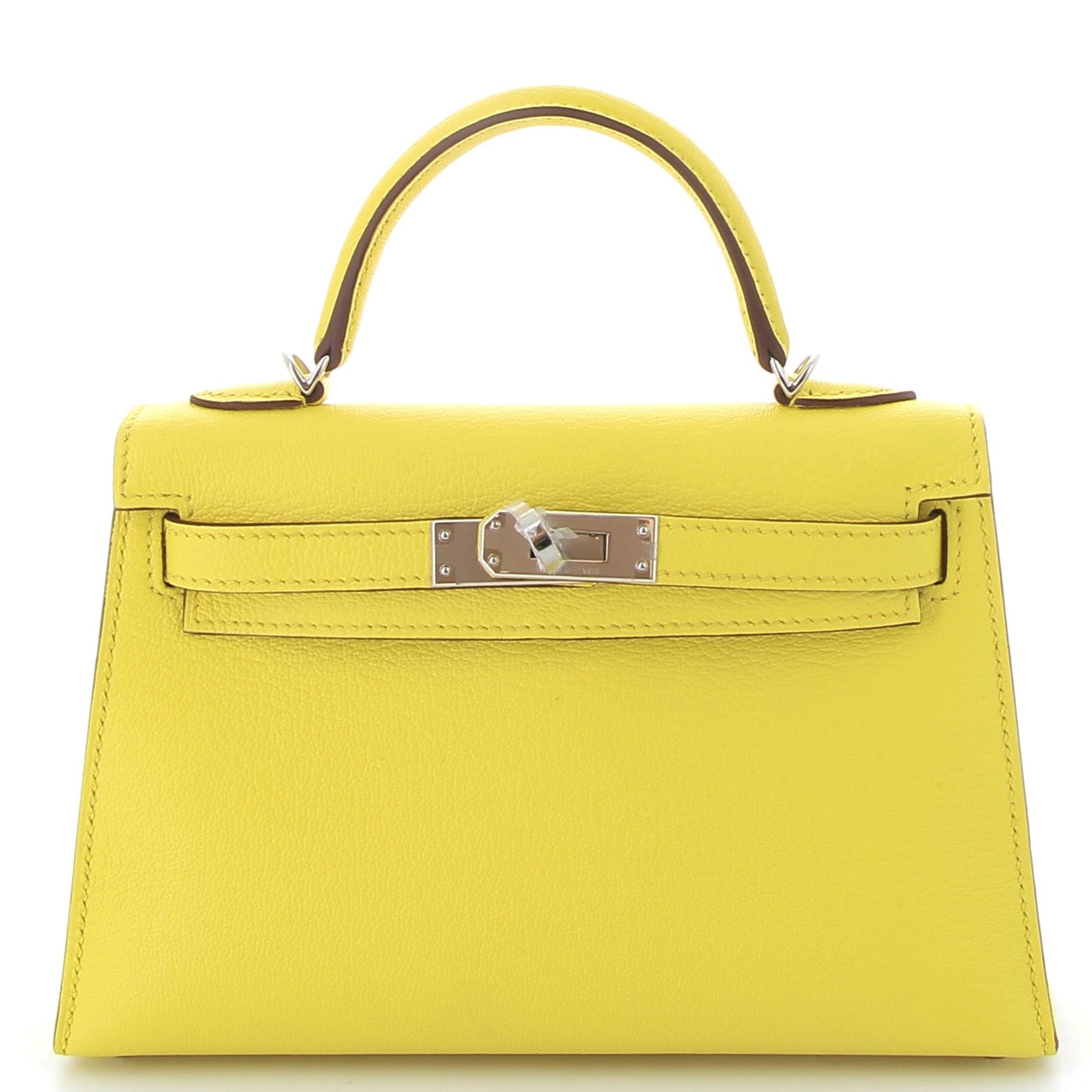 HERMES Kelly 20 Lemon Yellow/Mushroom Chèvre Leather Palladium Hardware
