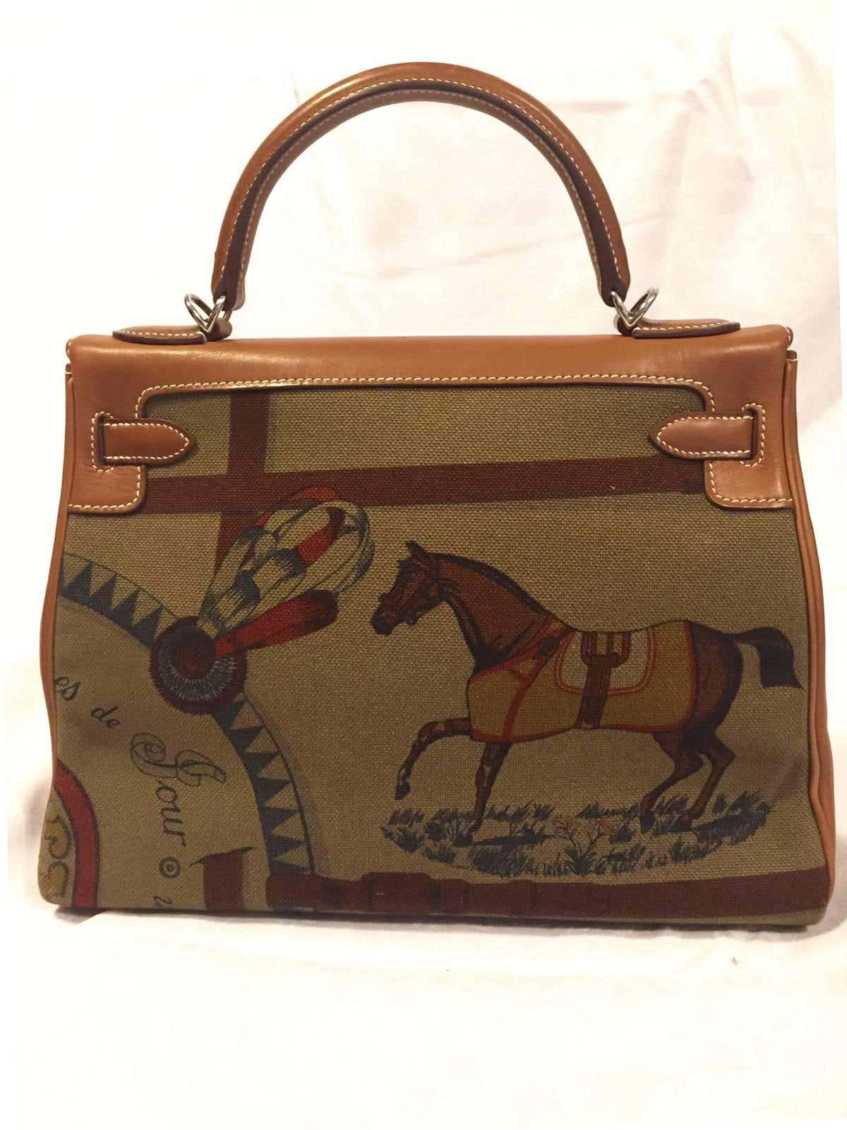 HERMÈS Kelly 32 Amazone Barenia Horse Print Toile Palladium hardware