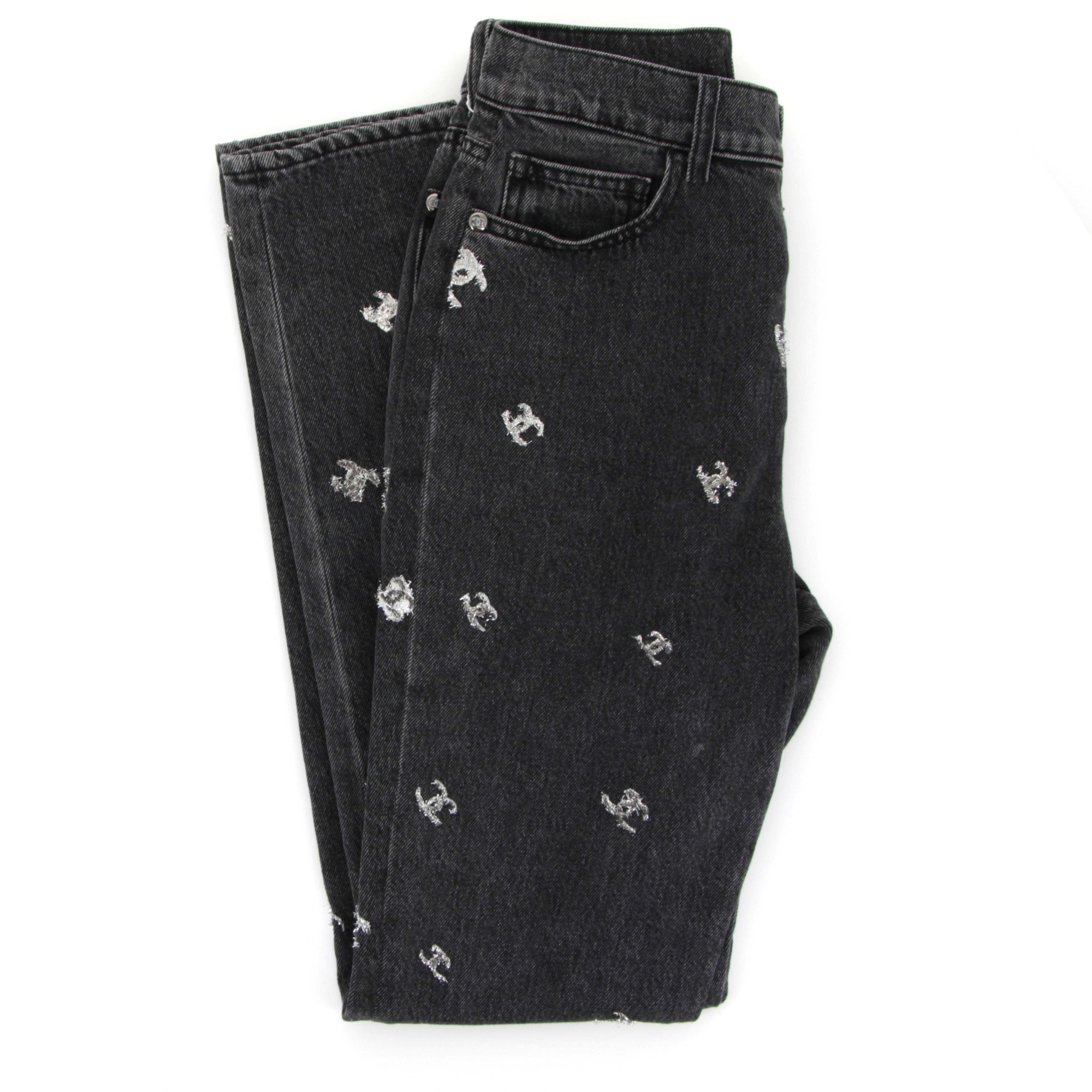 CHANEL Dark Grey Wash Jeans CC Tinsel Logo