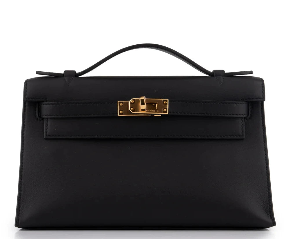 HERMES Kelly Pochette Noir Swift Gold Hardware