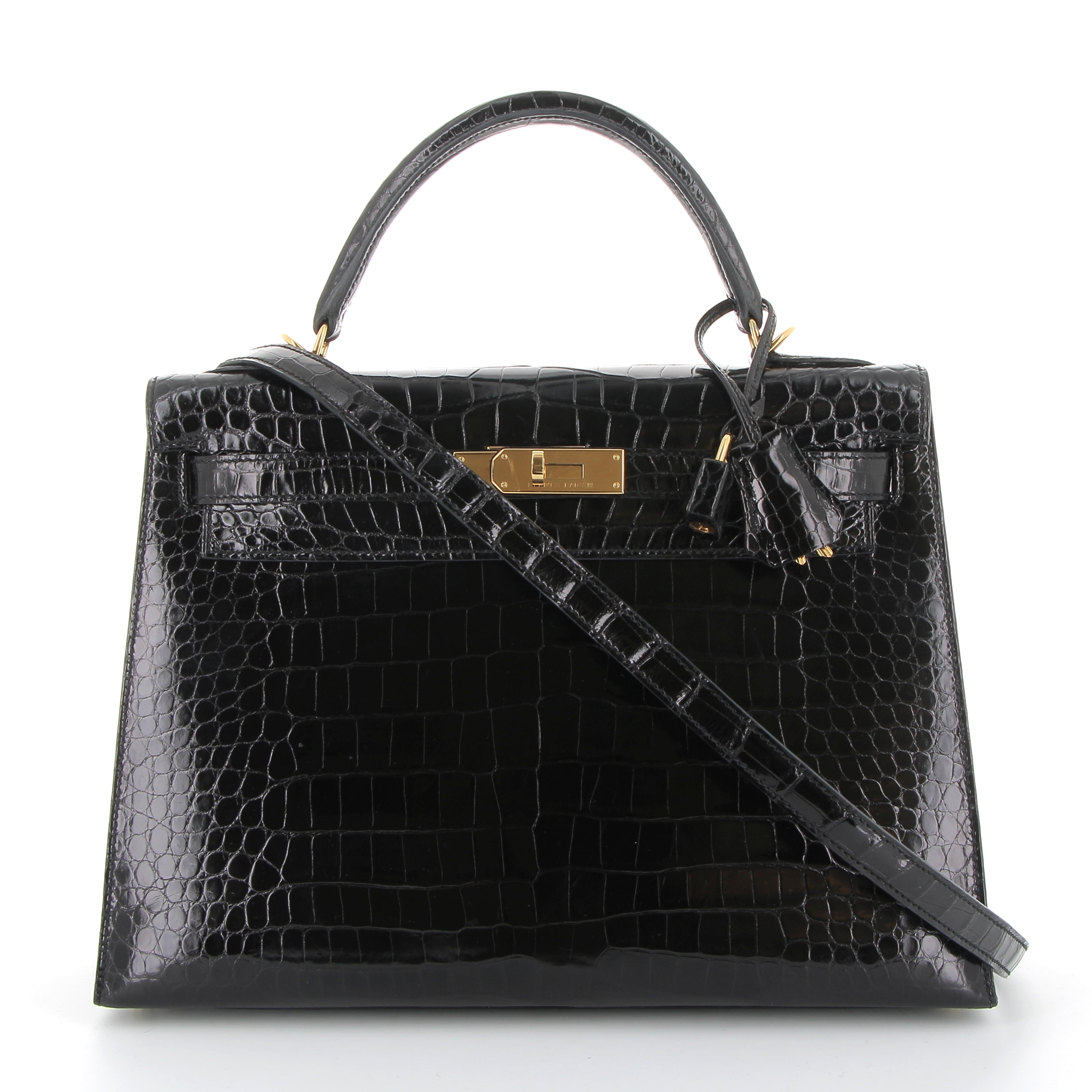 HERMES Kelly 32 Noir Sellier Crocodile Porosus Yellow Gold Hardware