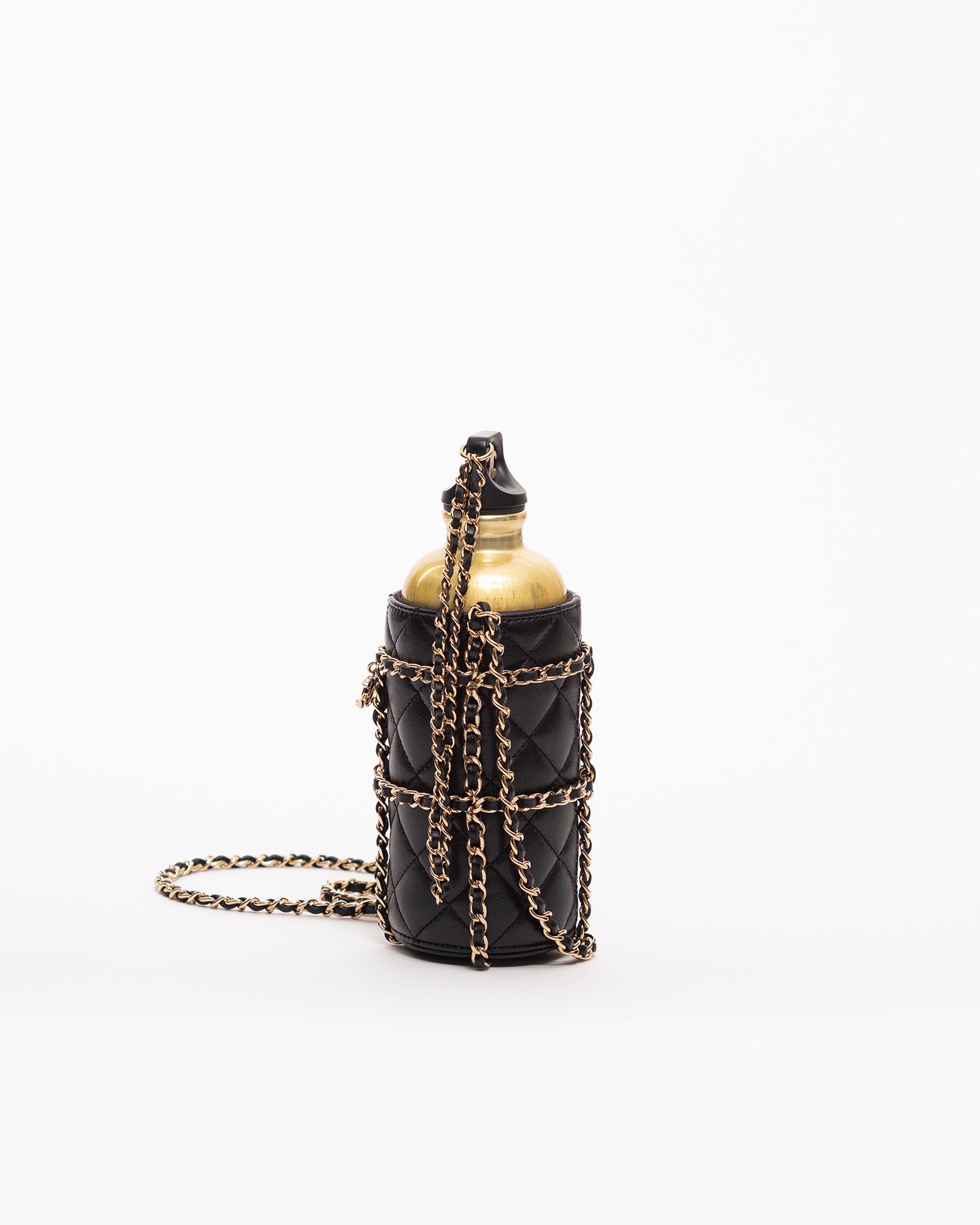 Chanel CC Black Gold Lambskin Leather Water Bottle Bag