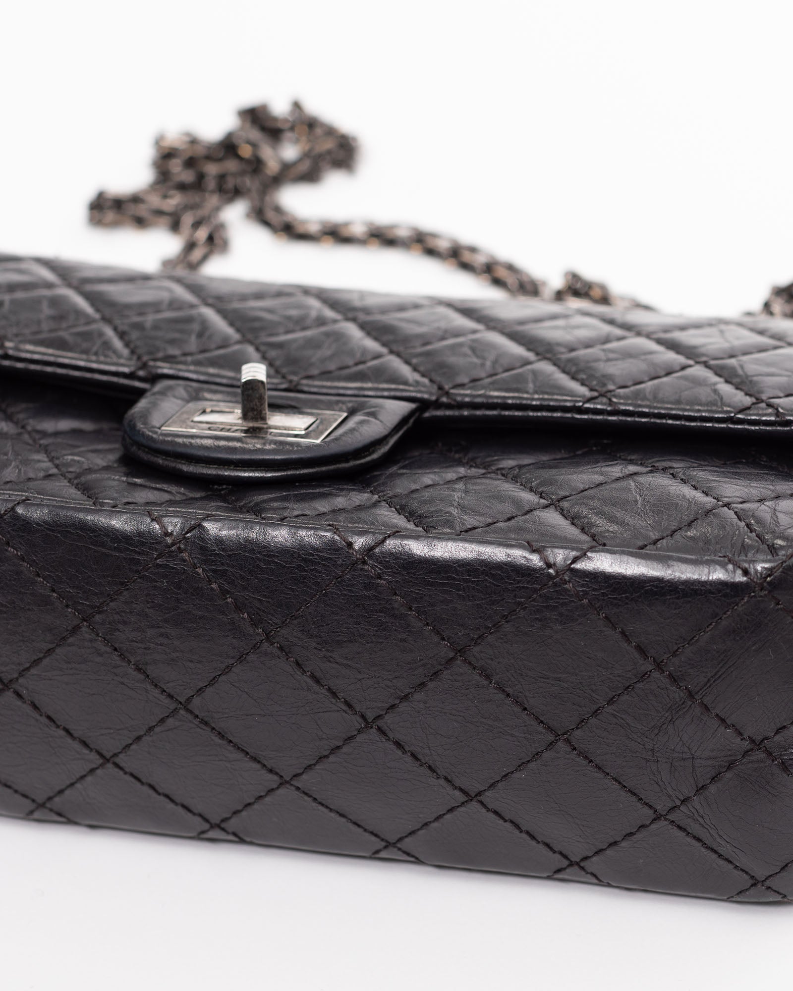 Chanel Large 2.55 Bag in Black Aged Quilted Calfskin with Ruthenium Hardware