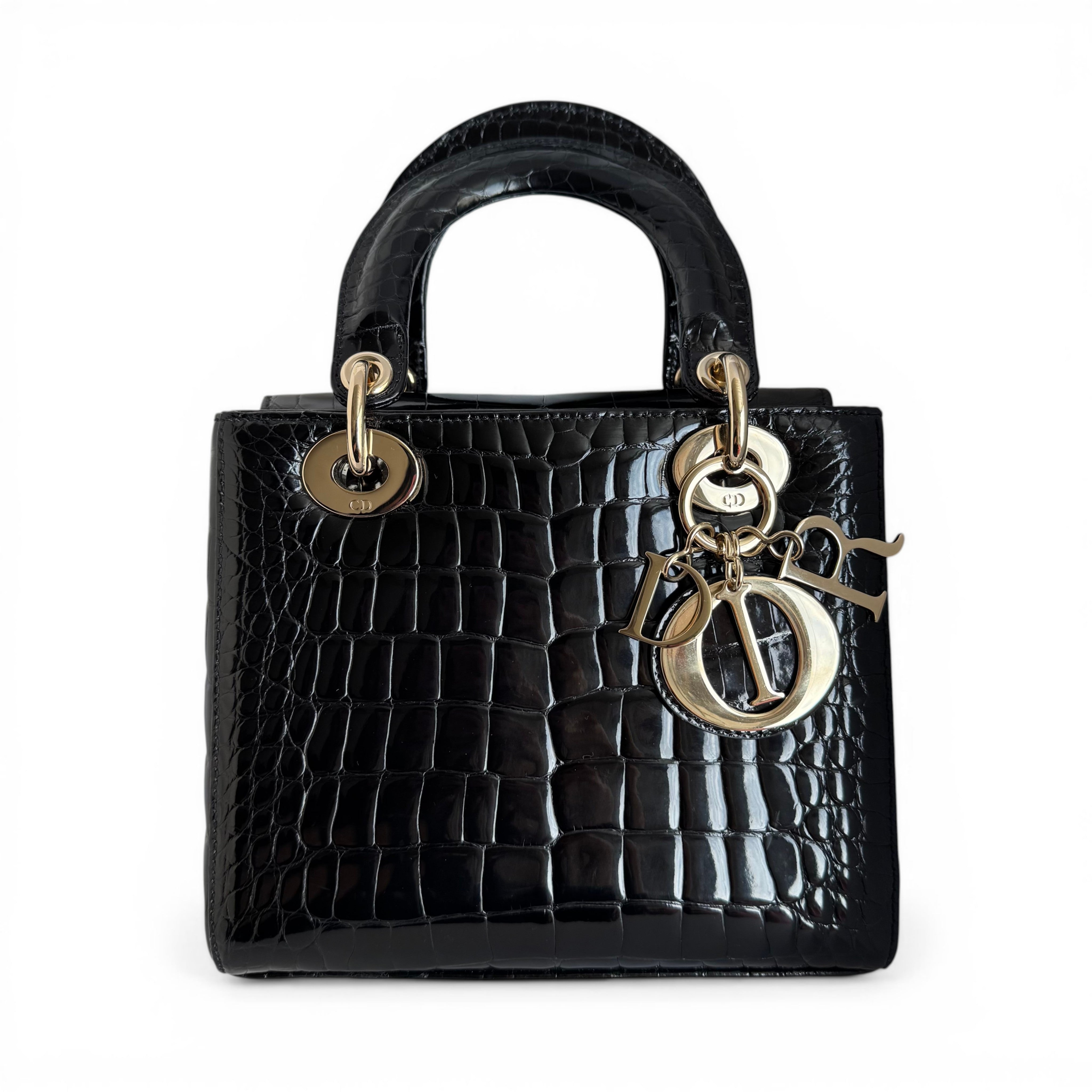 Christian Dior Lady Dior Black Shiny Alligator Rose Gold hardware