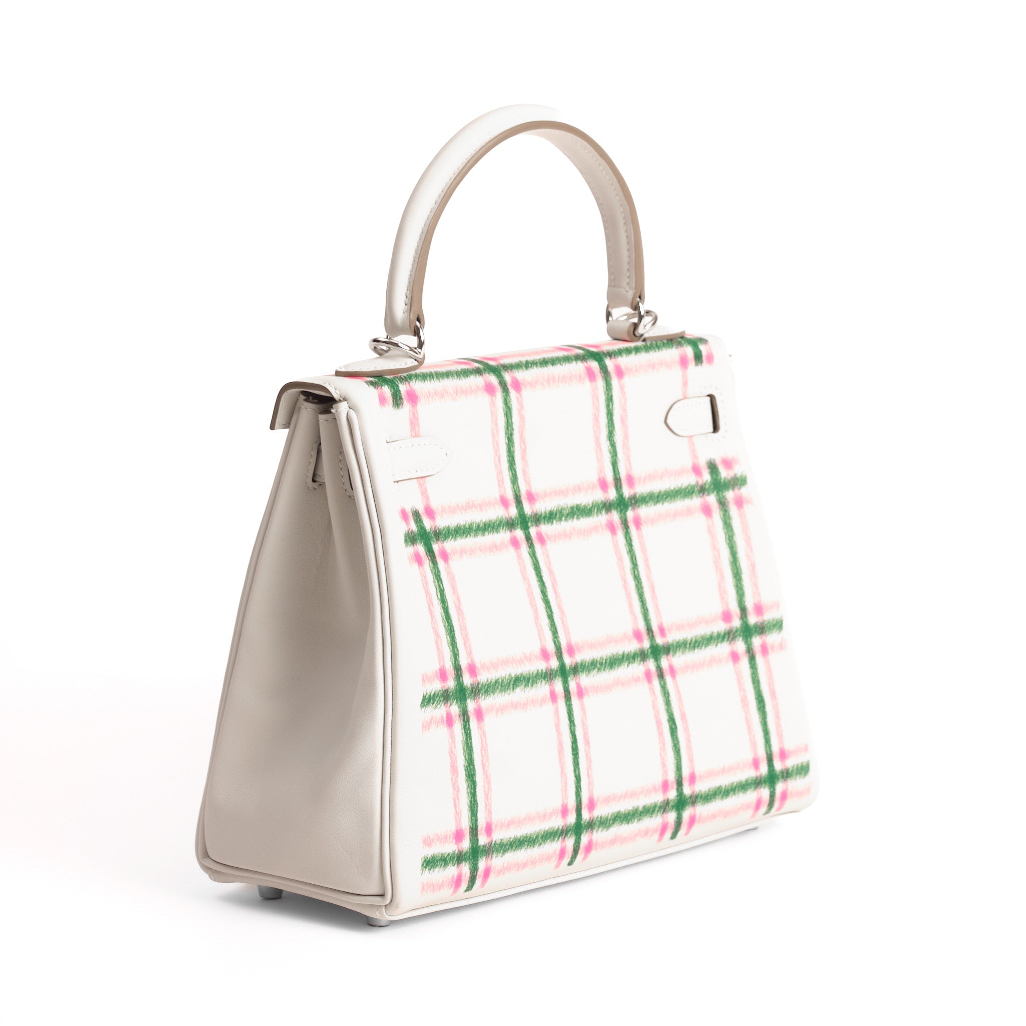 HERMES Kelly 25 Tartan Pale Grey / Bubblegum / Green Swift Leather Palladium Hardware