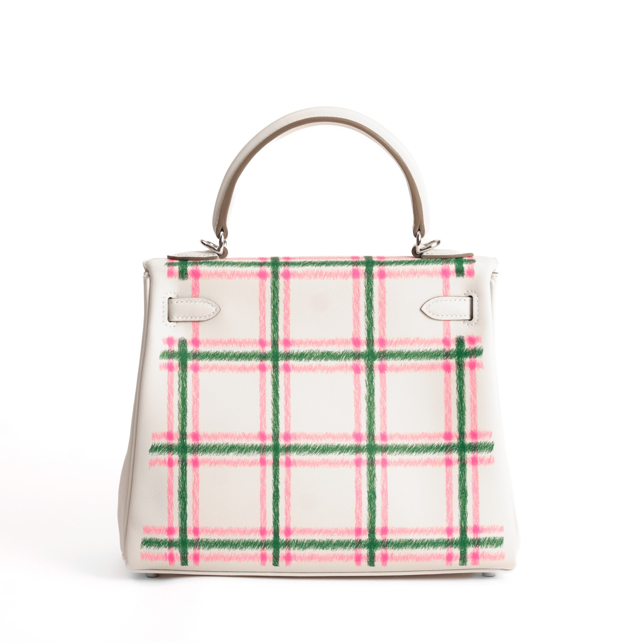 HERMES Kelly 25 Tartan Pale Grey / Bubblegum / Green Swift Leather Palladium Hardware