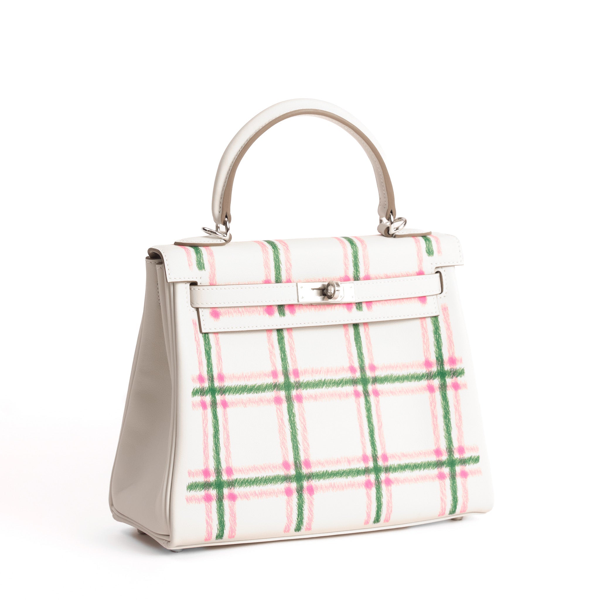 HERMES Kelly 25 Tartan Pale Grey / Bubblegum / Green Swift Leather Palladium Hardware